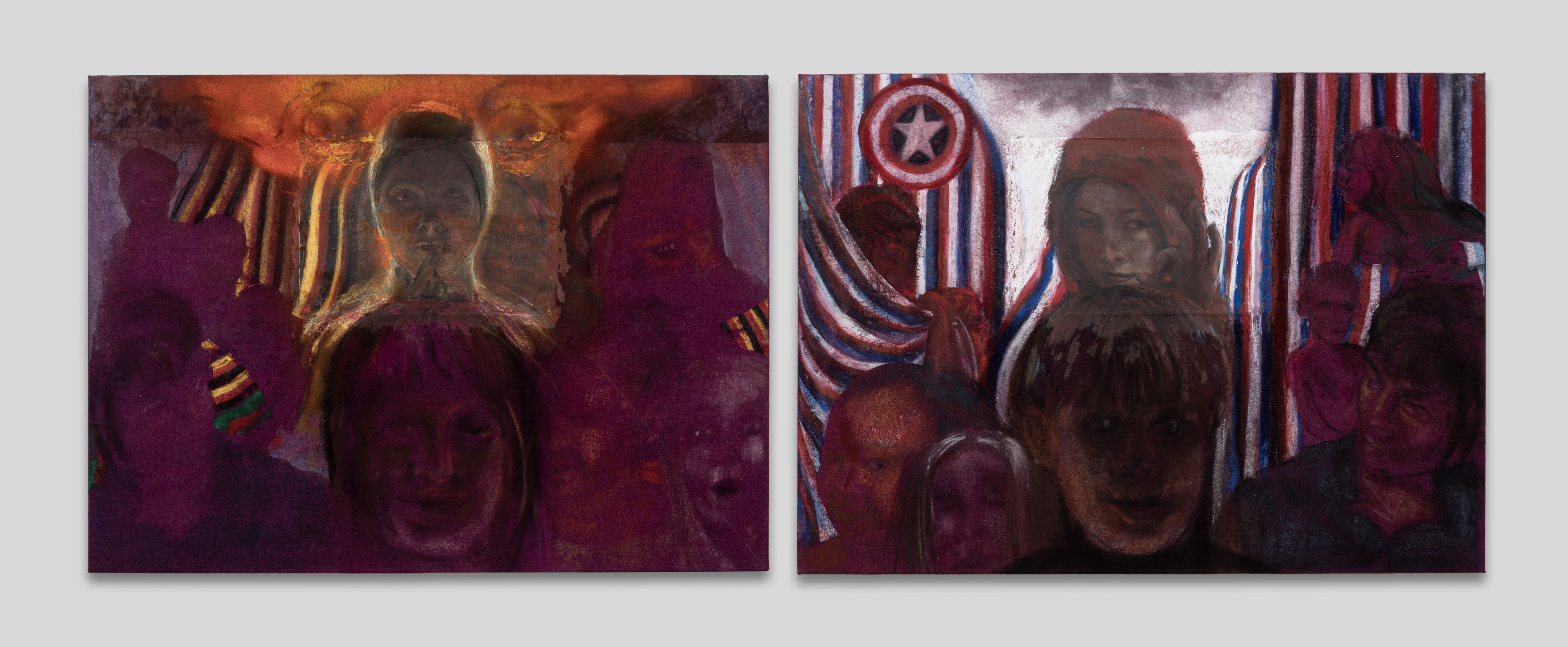 Stanislava Kovalčíková, Songs from the underground, 2026, pastel on sanding paper and felt, mounted on MDF in two parts, 74,5 × 54 cm (each).