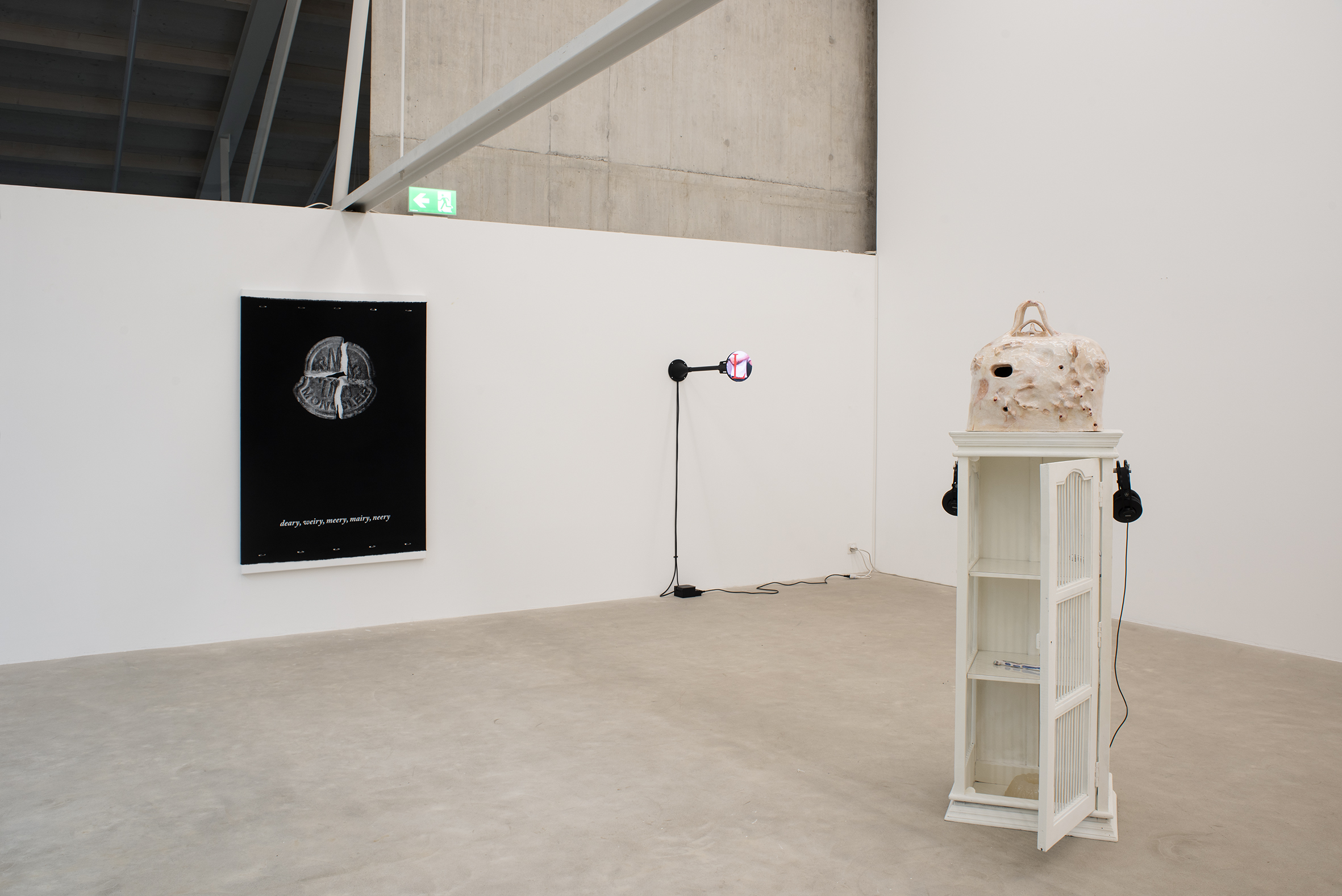 Mathis Altmann, Moncler; Millenial Oscillator, both 2026; Lea Pusch, I want to want to miss this, 2026, installation view ANOTHER BIRTH, Institute Art Gender Nature HGK Basel FHNW, Kunsthaus Baselland, 2026, photo: Christian Knörr
