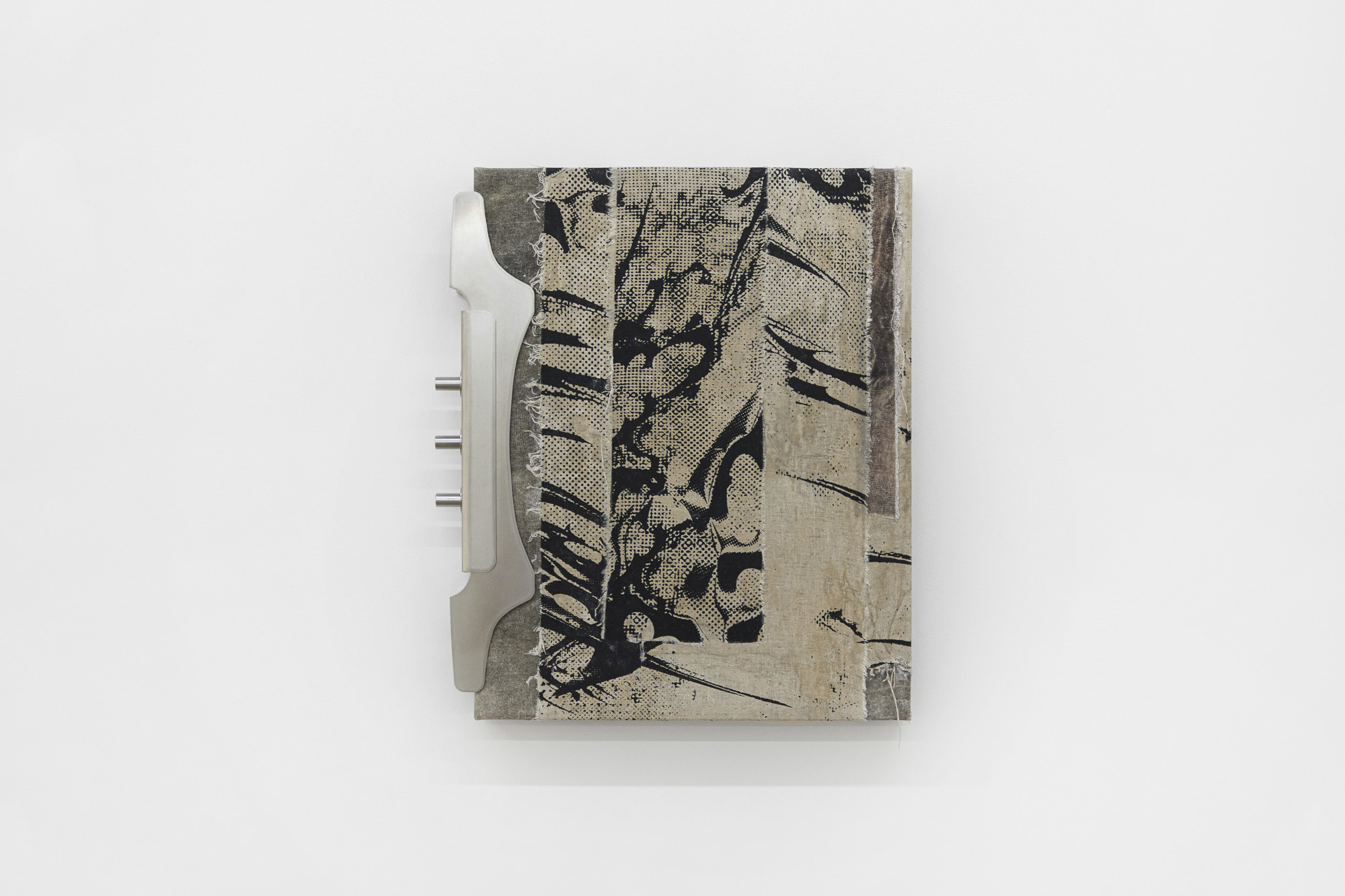 Inside Job (Ula Lucińska, Michał Knychaus), Untitled II (Clamped), 2026, screenprint on linen, spray paint, cotton, soy wax, stainless steel clamp, 42 cm x  35 cm x 4 cm, CAPTION, Seoul, photo: Bokyoung Han