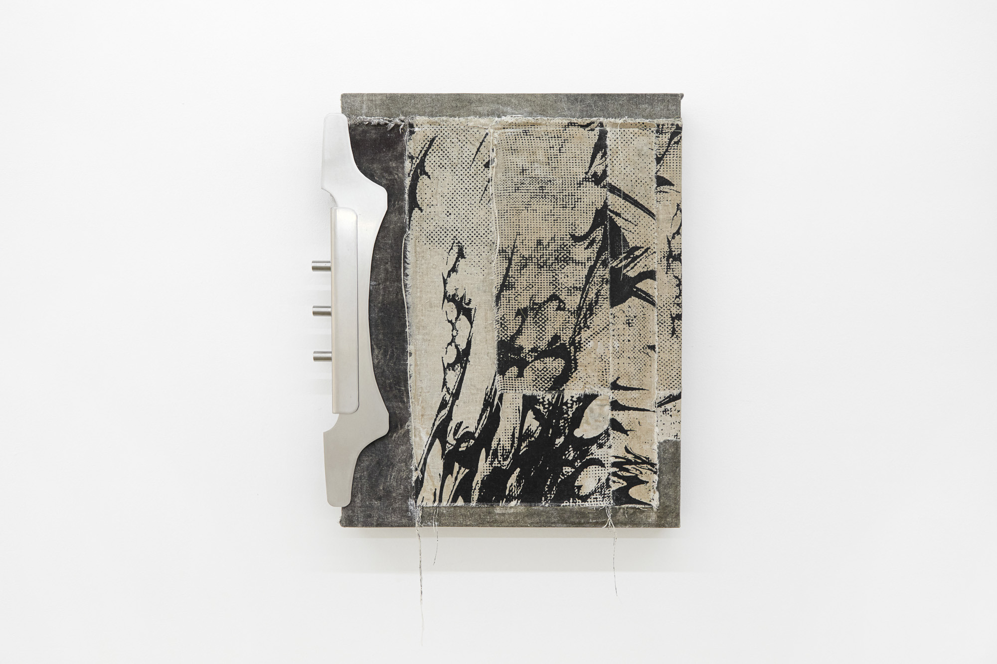 Inside Job (Ula Lucińska, Michał Knychaus), Untitled I (Clamped), 2026, screenprint on linen, spray paint, cotton, soy wax, stainless steel clamp, 42 cm x  35 cm x 4 cm, CAPTION, Seoul, photo: Bokyoung Han