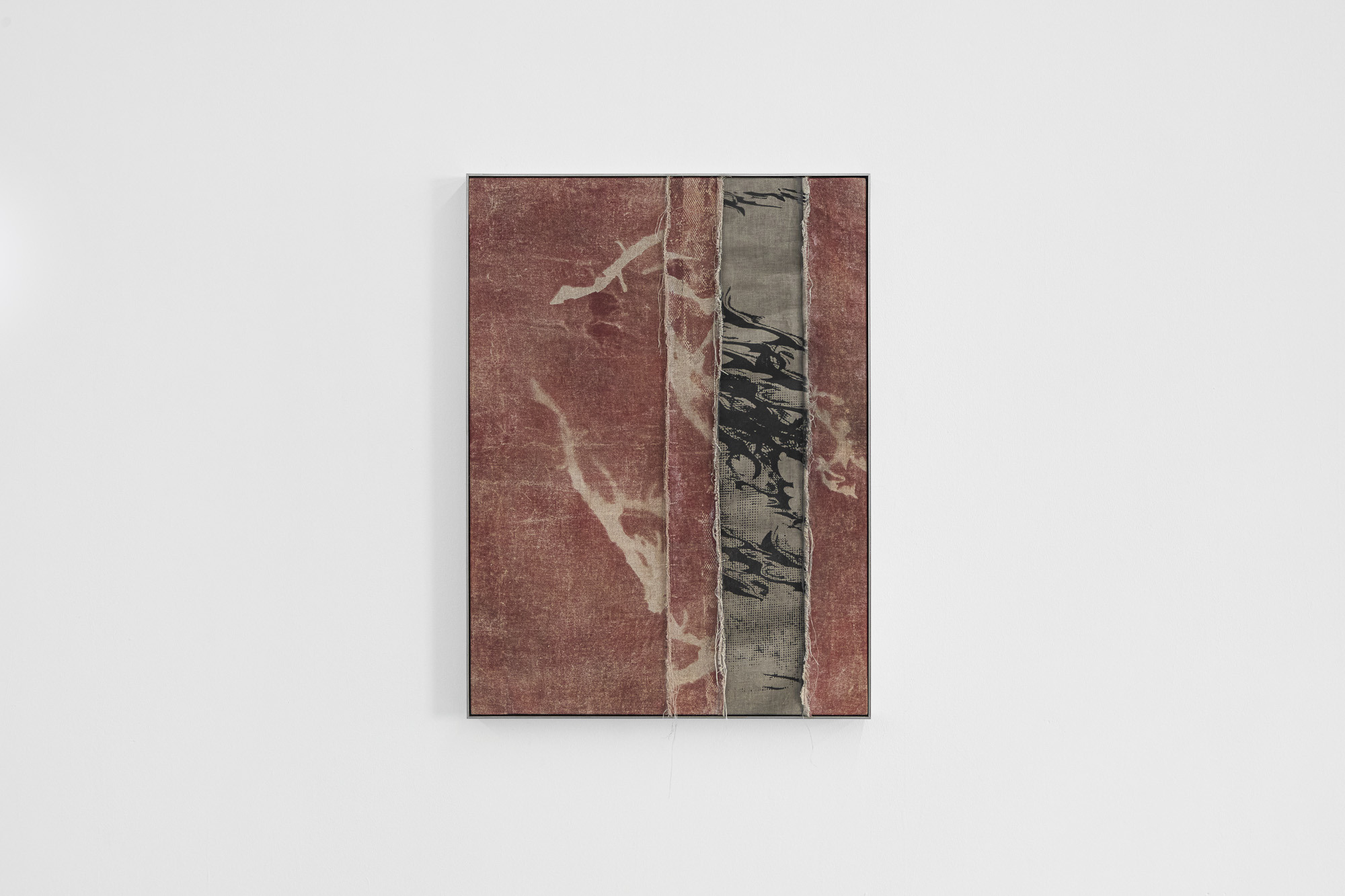 Inside Job (Ula Lucińska, Michał Knychaus), Untitled 01 (Subsidence), 2025, screenprint on linen, spray paint, cotton, organza, soywax, stainless steel frame, 65 cm x 48 cm x 4 cm, CAPTION, Seoul, photo: Bokyoung Han