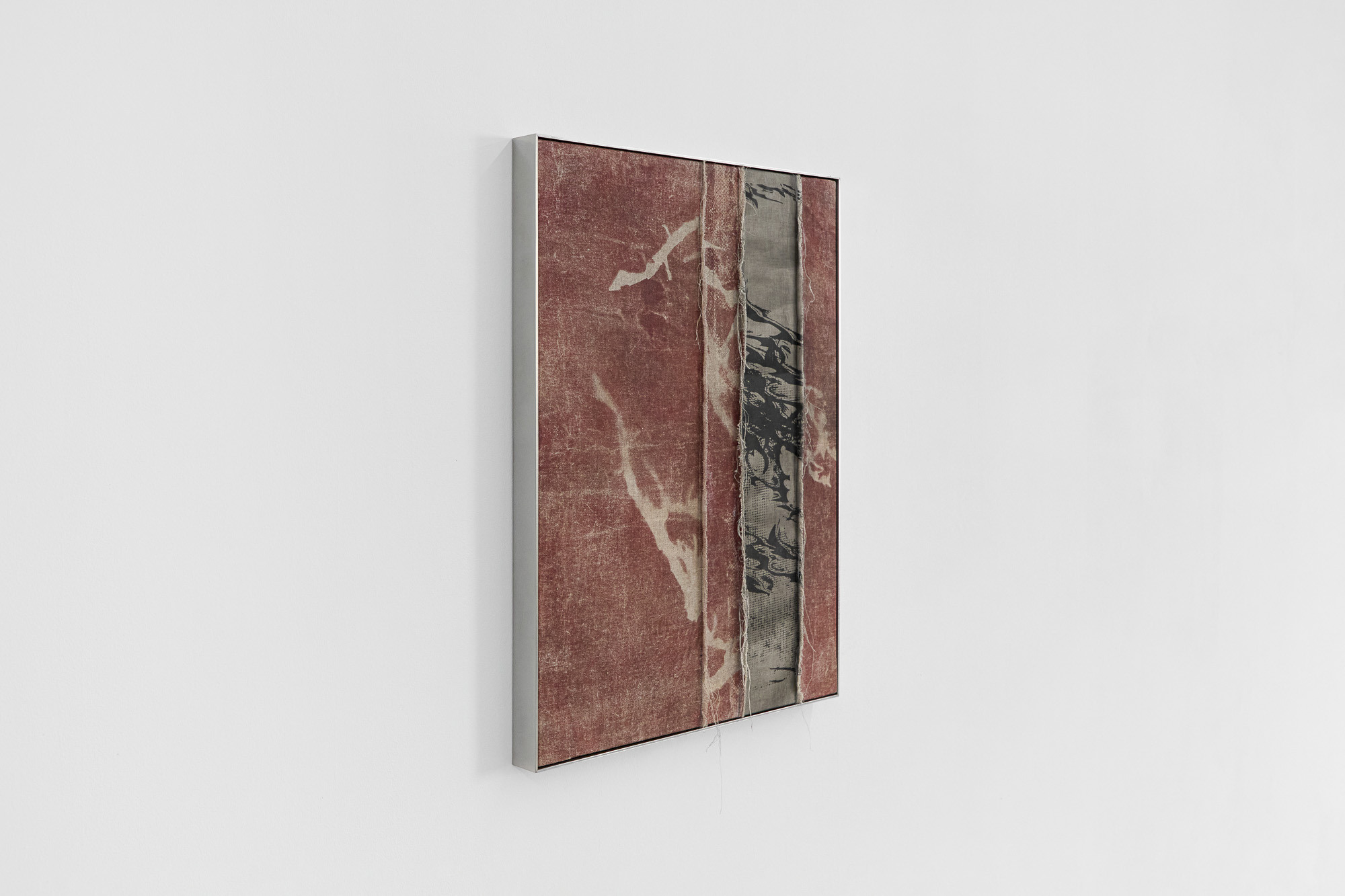 Inside Job (Ula Lucińska, Michał Knychaus), Untitled 01 (Subsidence), 2025, screenprint on linen, spray paint, cotton, organza, soywax, stainless steel frame, 65 cm x 48 cm x 4 cm, CAPTION, Seoul, photo: Bokyoung Han