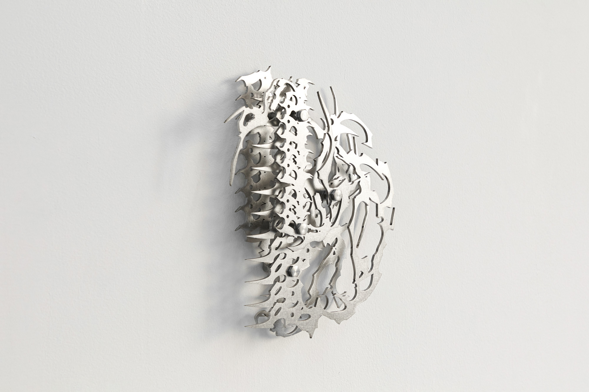 Inside Job (Ula Lucińska, Michał Knychaus), Axial Somite 02, 2026, stainless steel, chrome steel, 25 cm x 22 cm x 5.5 cm, CAPTION, Seoul, photo: Bokyoung Han