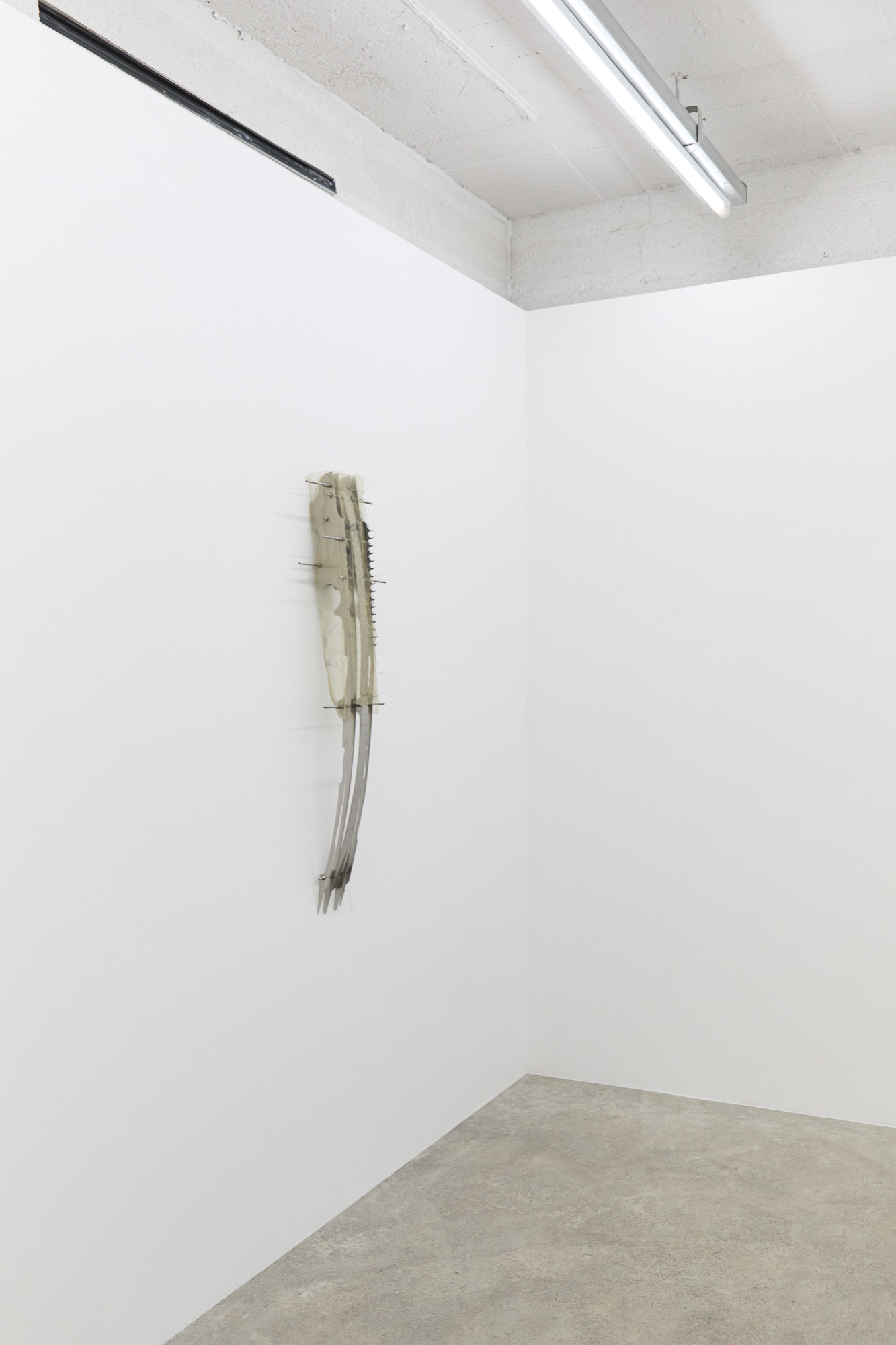 Inside Job (Ula Lucińska, Michał Knychaus), Interstice (Skinshift), 2026, stainless steel, chrome steel, digital print on organza, 106 cm x 27 cm x 12.5 cm, CAPTION, Seoul, photo: Bokyoung Han