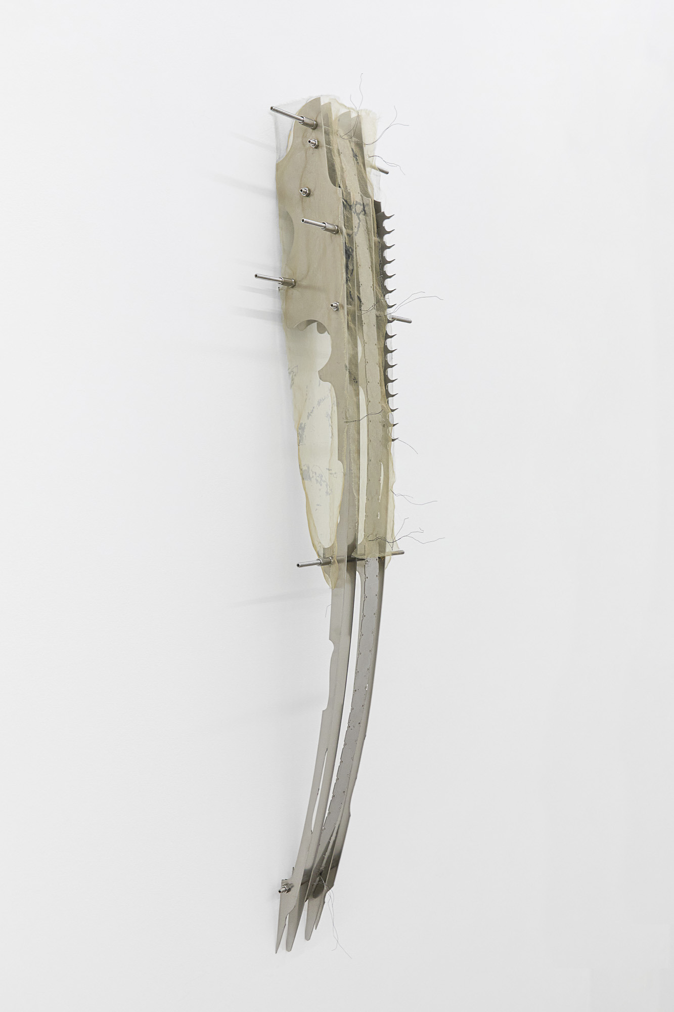 Inside Job (Ula Lucińska, Michał Knychaus), Interstice (Skinshift), 2026, stainless steel, chrome steel, digital print on organza, 106 cm x 27 cm x 12.5 cm, CAPTION, Seoul, photo: Bokyoung Han