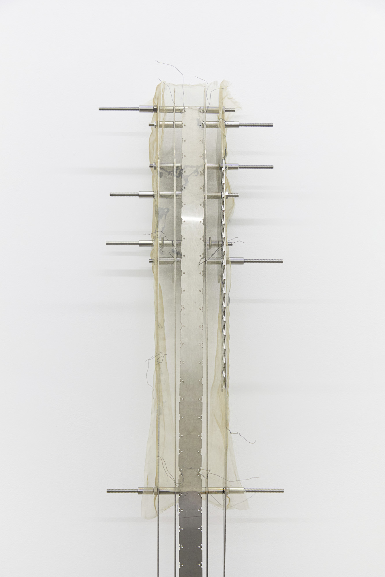 Inside Job (Ula Lucińska, Michał Knychaus), Interstice (Skinshift), 2026, stainless steel, chrome steel, digital print on organza, 106 cm x 27 cm x 12.5 cm, CAPTION, Seoul, photo: Bokyoung Han