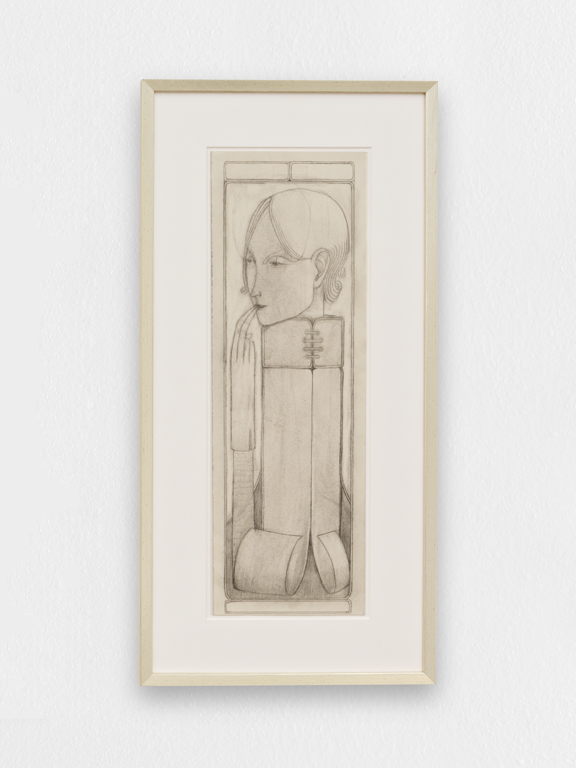 Paul Becker, Figure with Collar & Glove, 2026, coloured pencil on paper, 55.5 x 18.2 cm (unframed), 72.5 x 35.7 cm (framed), unique