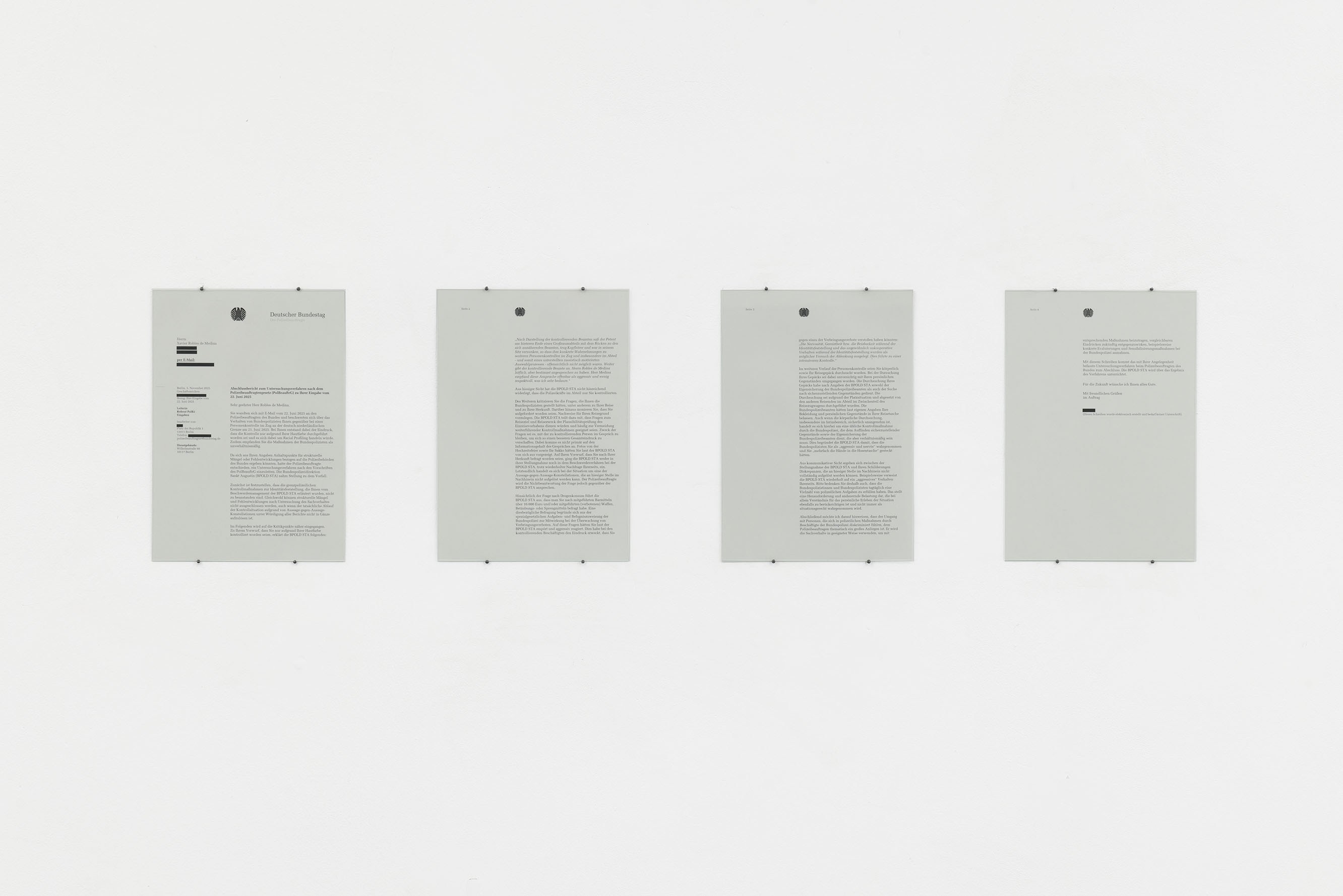 German Bundestag, Parliamentary Commissioner for the Federal Police. Final Report on the Investigation Under the Police Commissioner Act (PolBeauftrG) Regarding Your Complaint Dated 22 June 2025, 5 November 2025, 2026, laser print on paper and glass