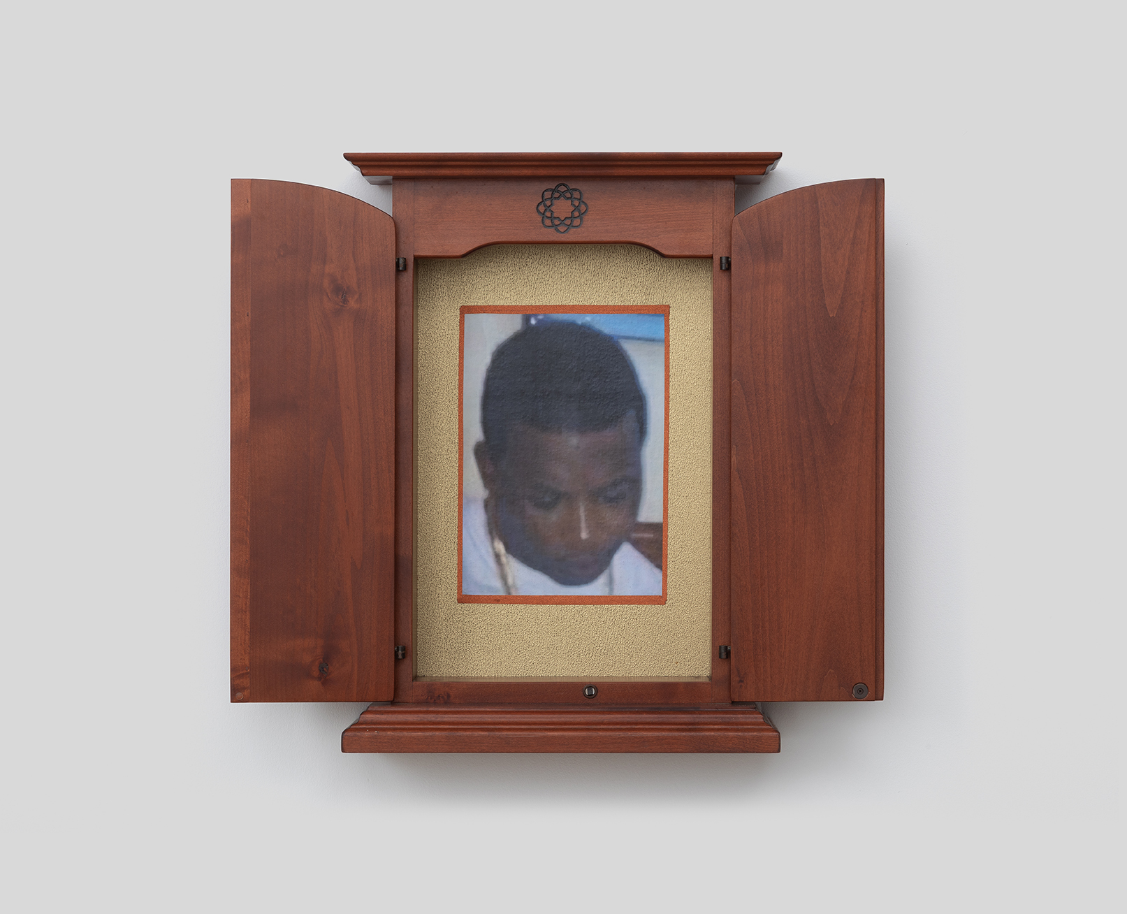 Ladji Diaby, Altar 2, 2026, Buddhist altar, inkjet print, glossy adhesive tape, 58,5 × 64,5 × 14,5 cm.