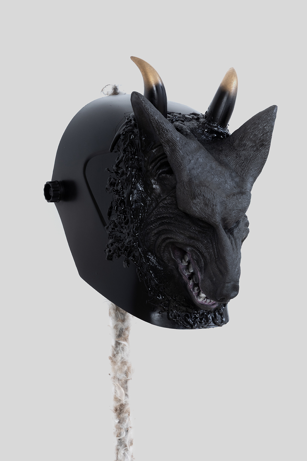 Ladji Diaby, 19/06/2024, 205, 2026 (detail), Welding mask, dog mask, steel stand, goose feathers, spray, acrylic, 179 × 10 × 10 cm