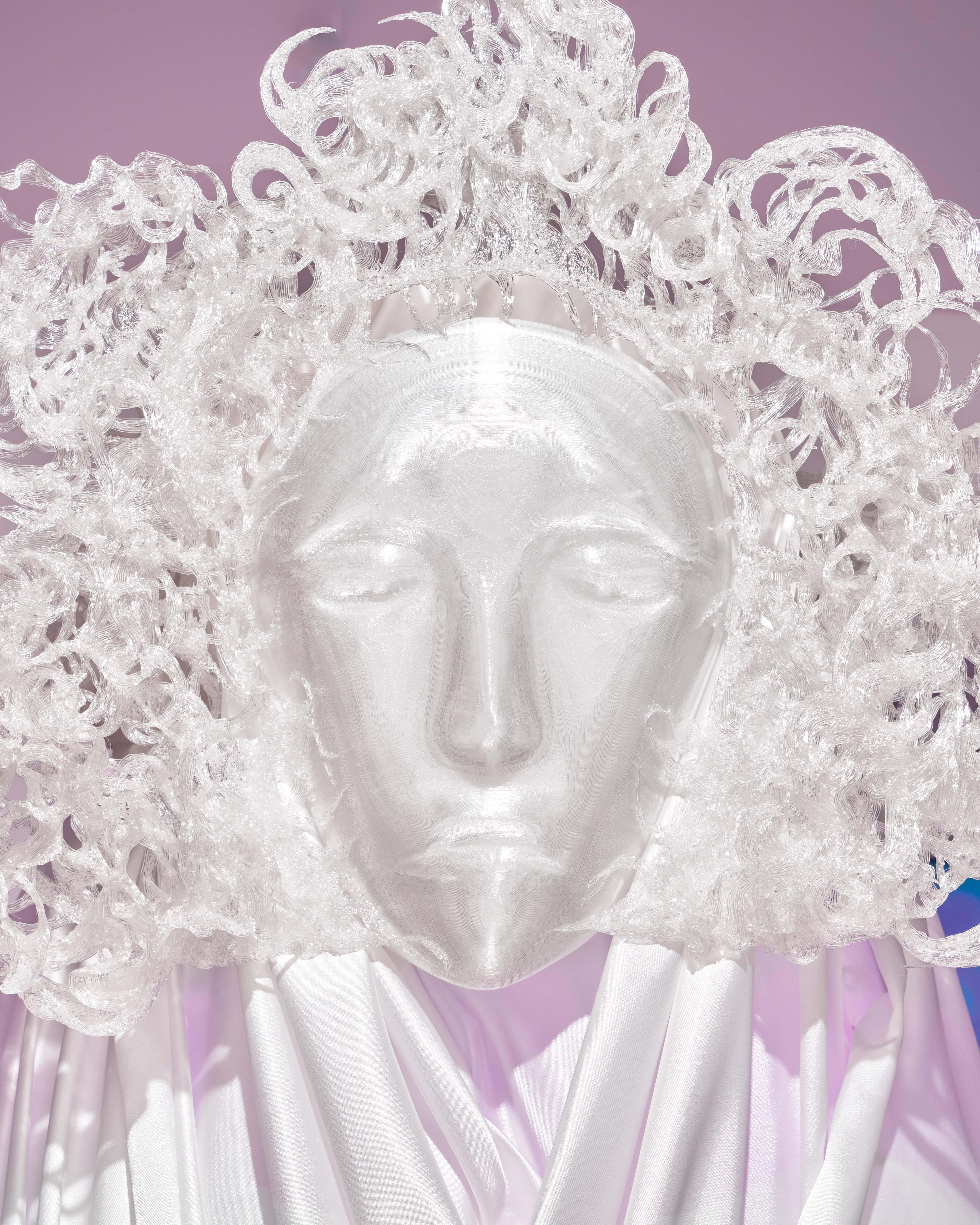  Maiden, 2026, PLA plastic, 3D printing, photopolymer resin, fabric, plexiglass, LED-strip