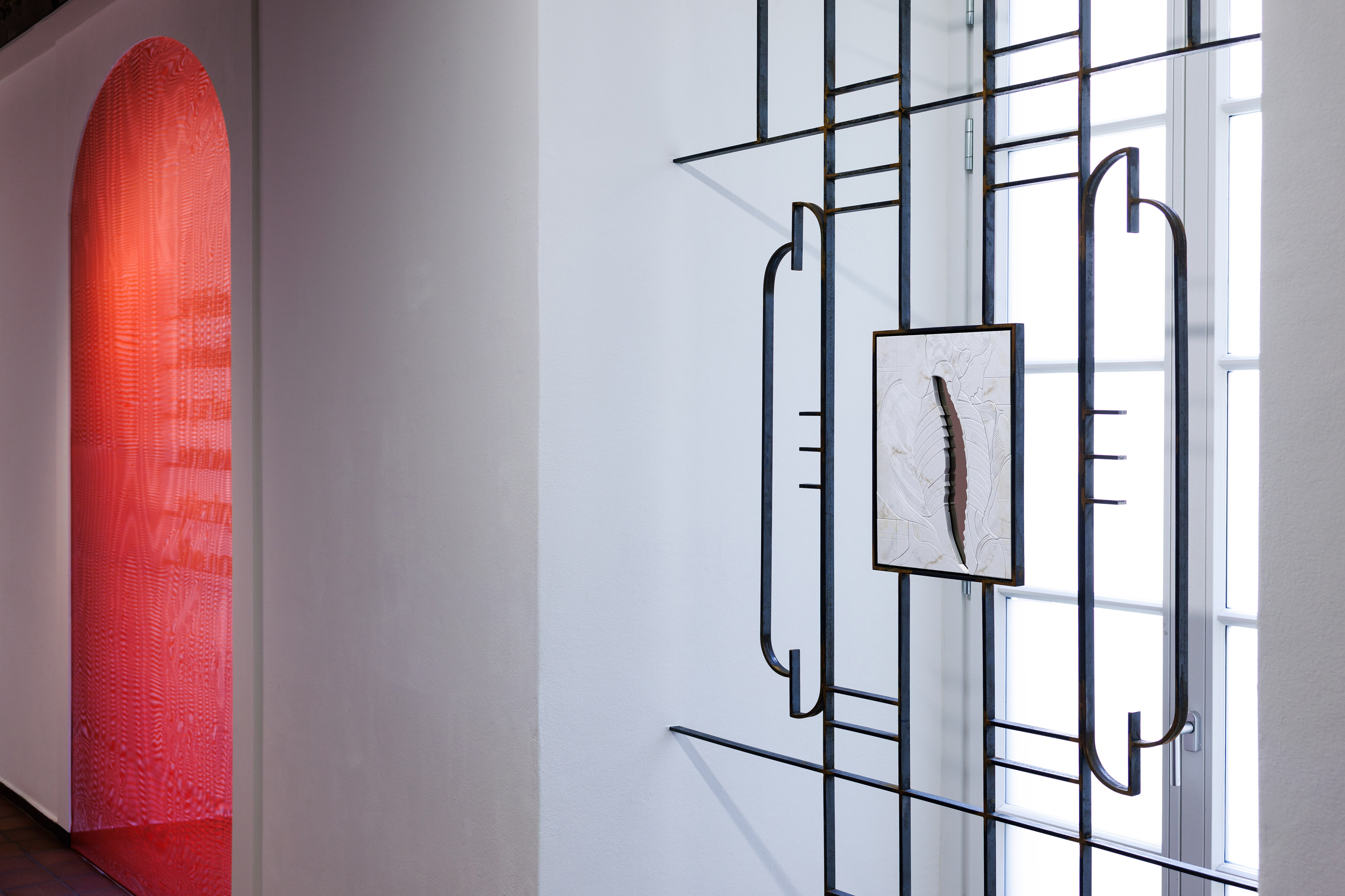 Reversed View, 2026, Sculpture made of steel, Natural Acrylic Stone, and bronze mirror, 106 x 280 cm