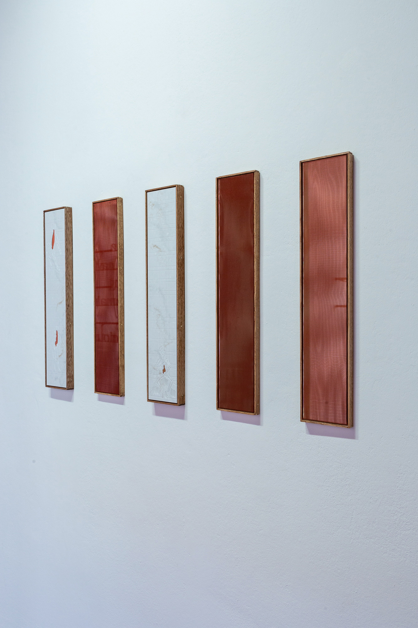 Life-Death-Life Balance, 2026, Six-part wall piece made of natural acrylic stone, bronze mirrors, cherry wood, and fabric, Each 63 x 13 cm