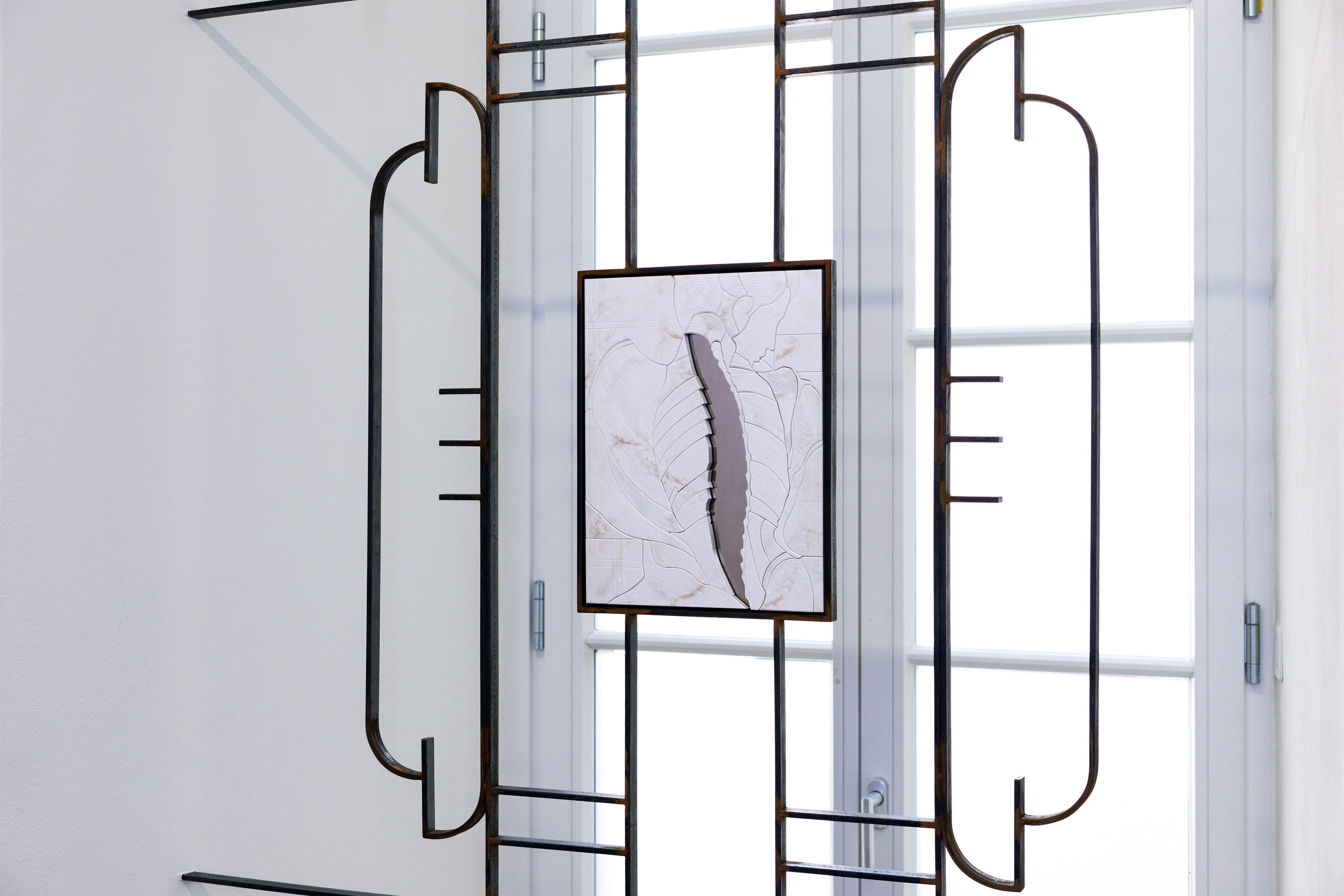 Reversed View, 2026, Sculpture made of steel, Natural Acrylic Stone, and bronze mirror, 106 x 280 cm
