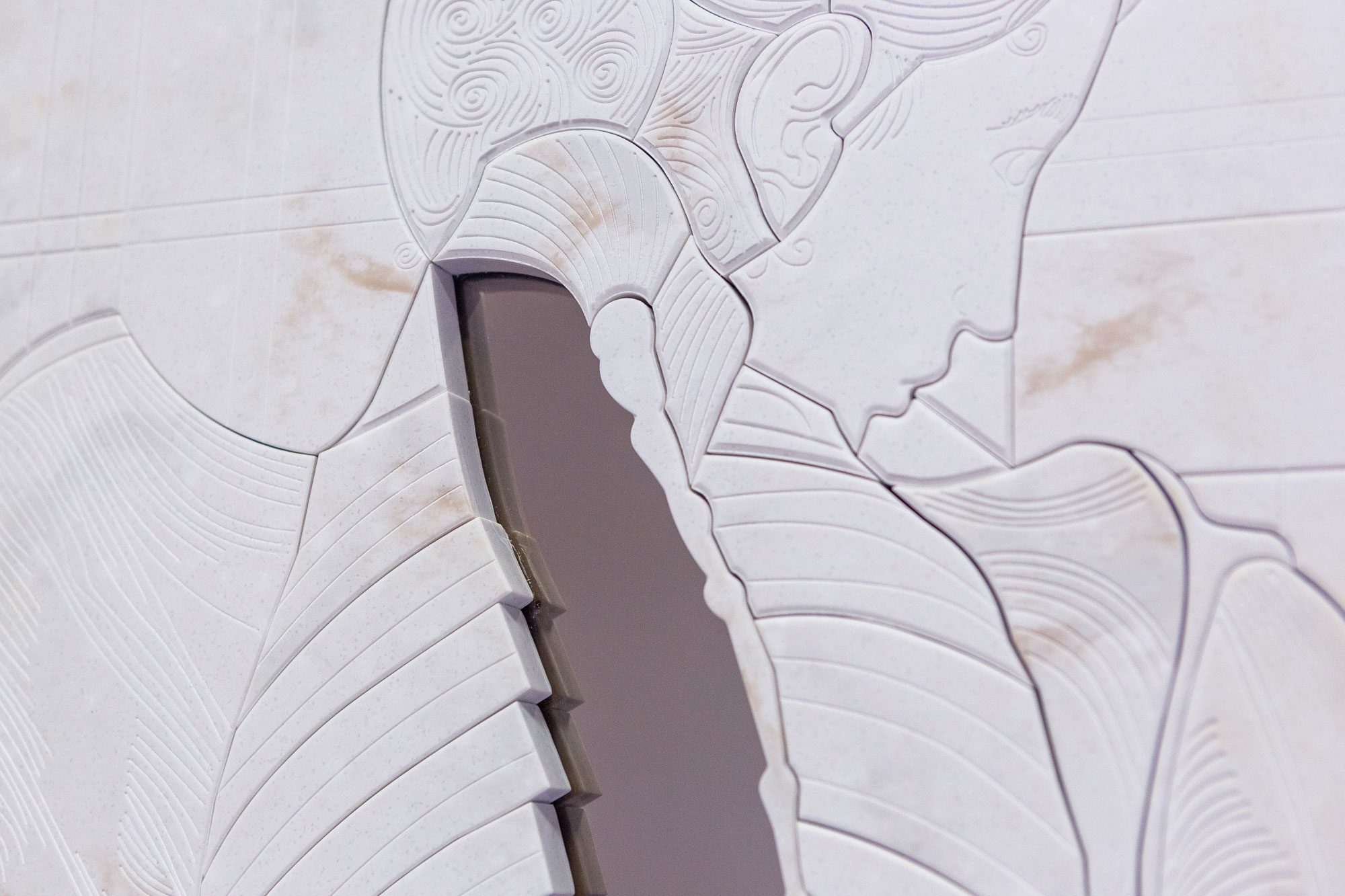 Reversed View, 2026, Sculpture made of steel, Natural Acrylic Stone, and bronze mirror, 106 x 280 cm