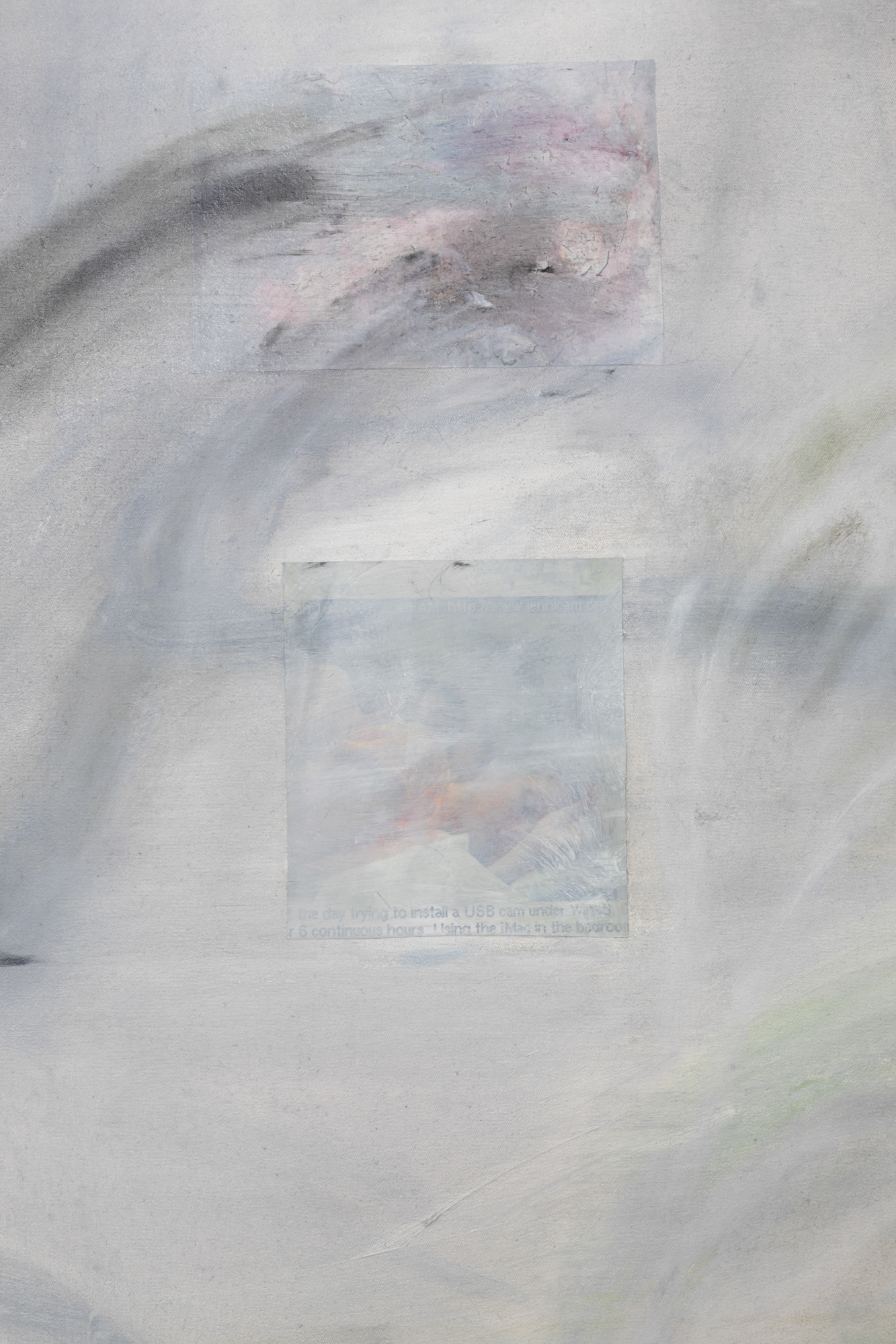 Krys Huba, a mirrored gaze is a writing paradox, 2026, oil on canvas, printed screenshot JenniCam, 95 x 139,5 cm (detail), in the exhibition falling into you, soft power, Berlin, 2026. Courtesy the artist and soft power, Berlin. Photo: Studio Replica.