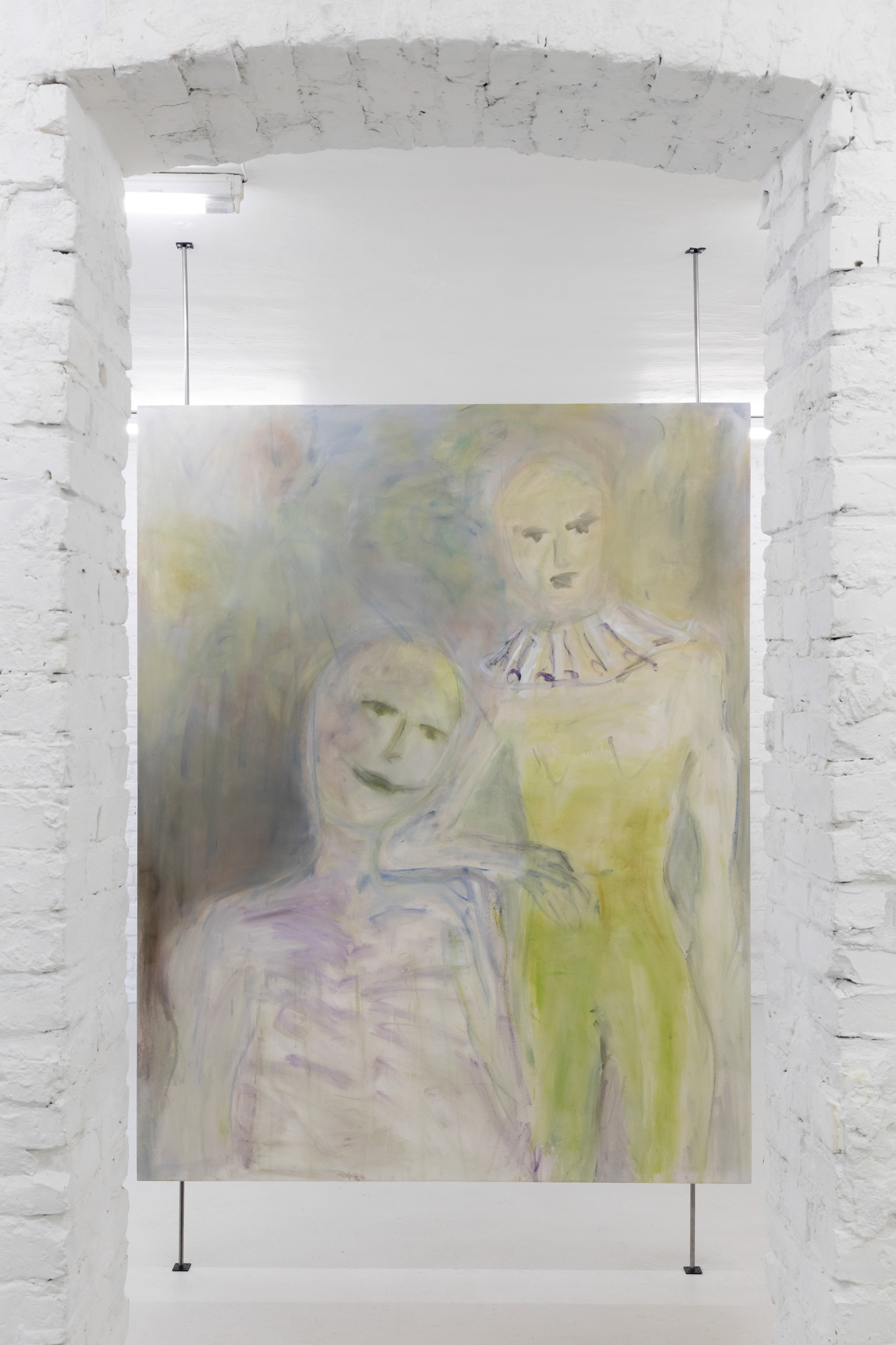 Krys Huba, we are standing with the joker's smile, 2026, oil on canvas, 190 x 150 cm, in the exhibition falling into you, soft power, Berlin, 2026. Courtesy the artist and soft power, Berlin. Photo: Studio Replica.