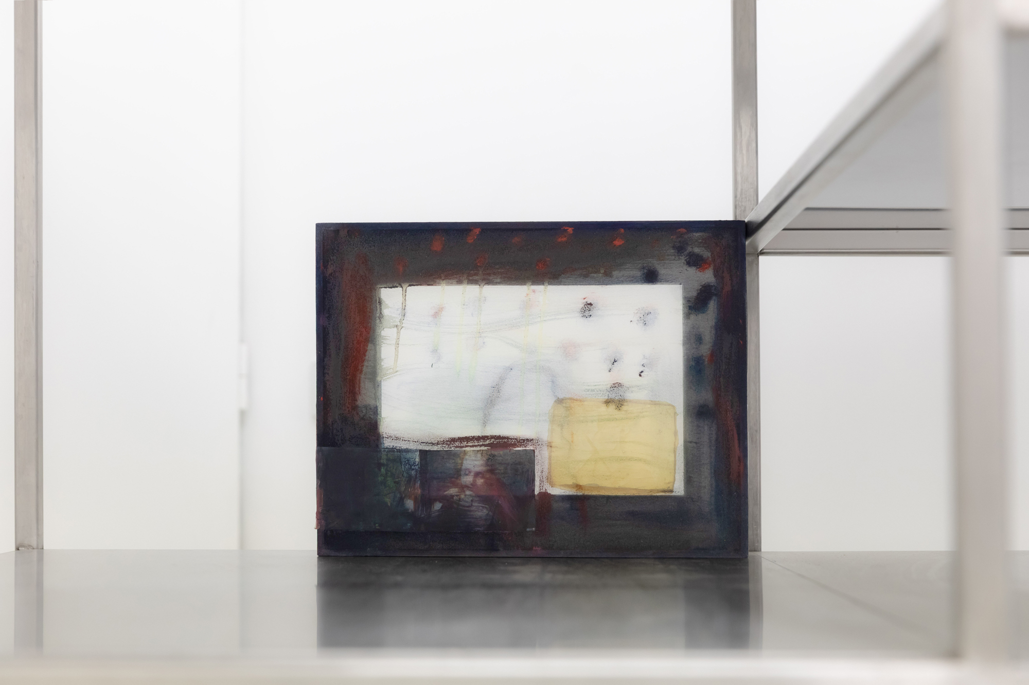 Krys Huba, clowns, 2026, oil on transparent fabric, ink-jet printed screenshot from JenniCam, latex cast 3D print, 26 x 33 cm, in the exhibition falling into you, soft power, Berlin, 2026. Courtesy the artist and soft power, Berlin. Photo: Studio Replica.