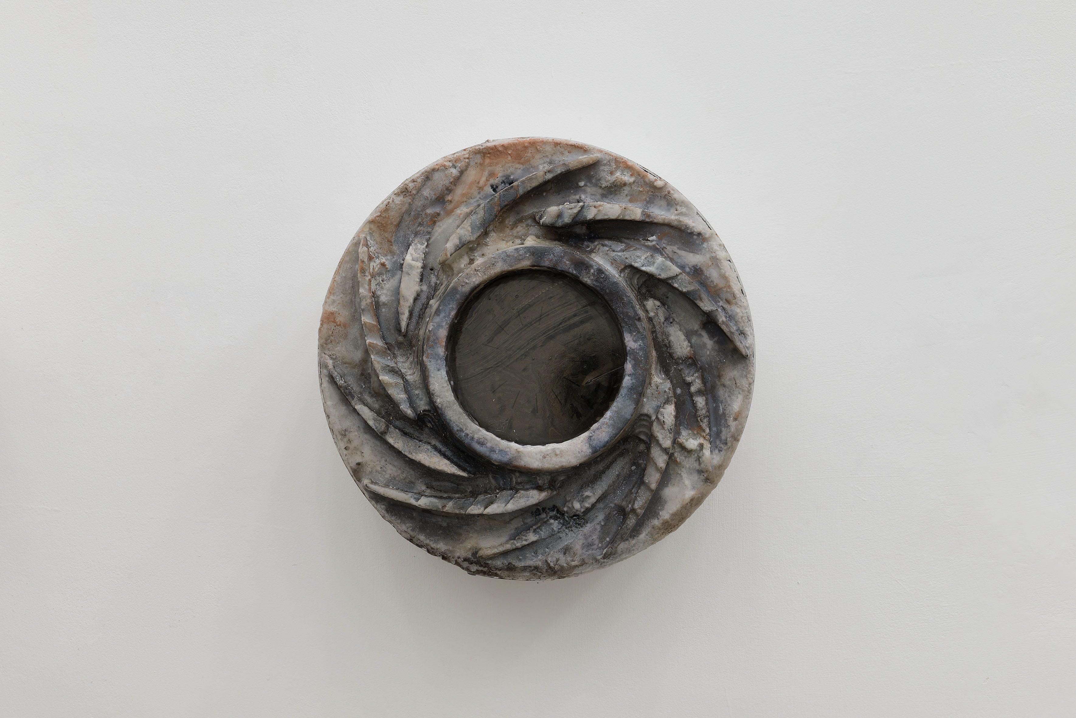 Andrea Mauti, Ocular II (Soft Surveillance), 2026, CNC 3D wax printed, blown found glass, UV print, fabric, alluminium sheet, organic powders, resin, 30 x 30 x 10 cm. Photo by Roberto Apa. Courtesy of ADA, Rome
