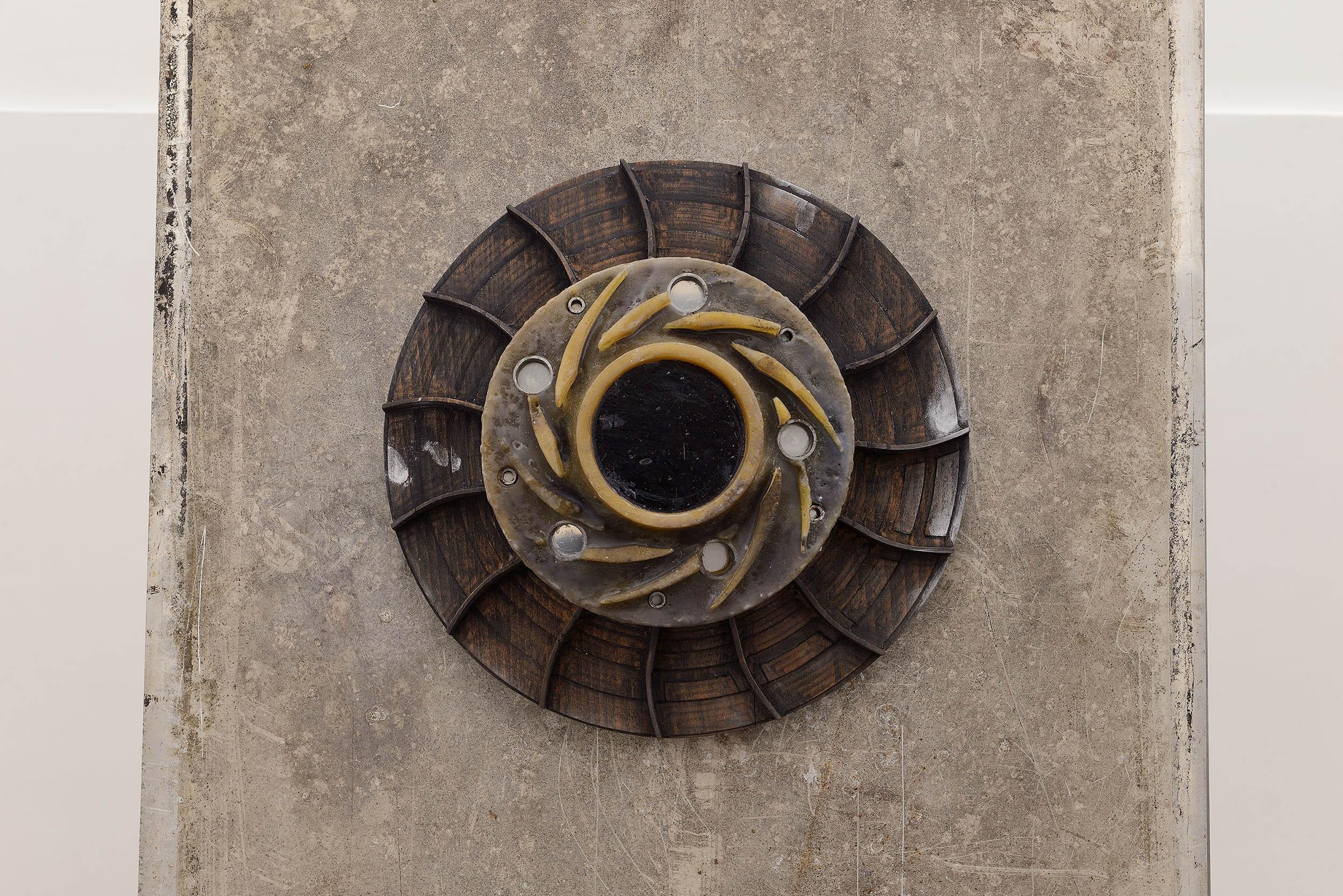 Andrea Mauti, Libidinal System (Memories of You), 2026, CNC wood printed, oil paint, resin spray paint coating, organic powder, wax, resin, blown found glass, iron, alluminium sheet, motor, 37 x 37 x 16 cm. Photo by Roberto Apa. Courtesy of ADA, Rome