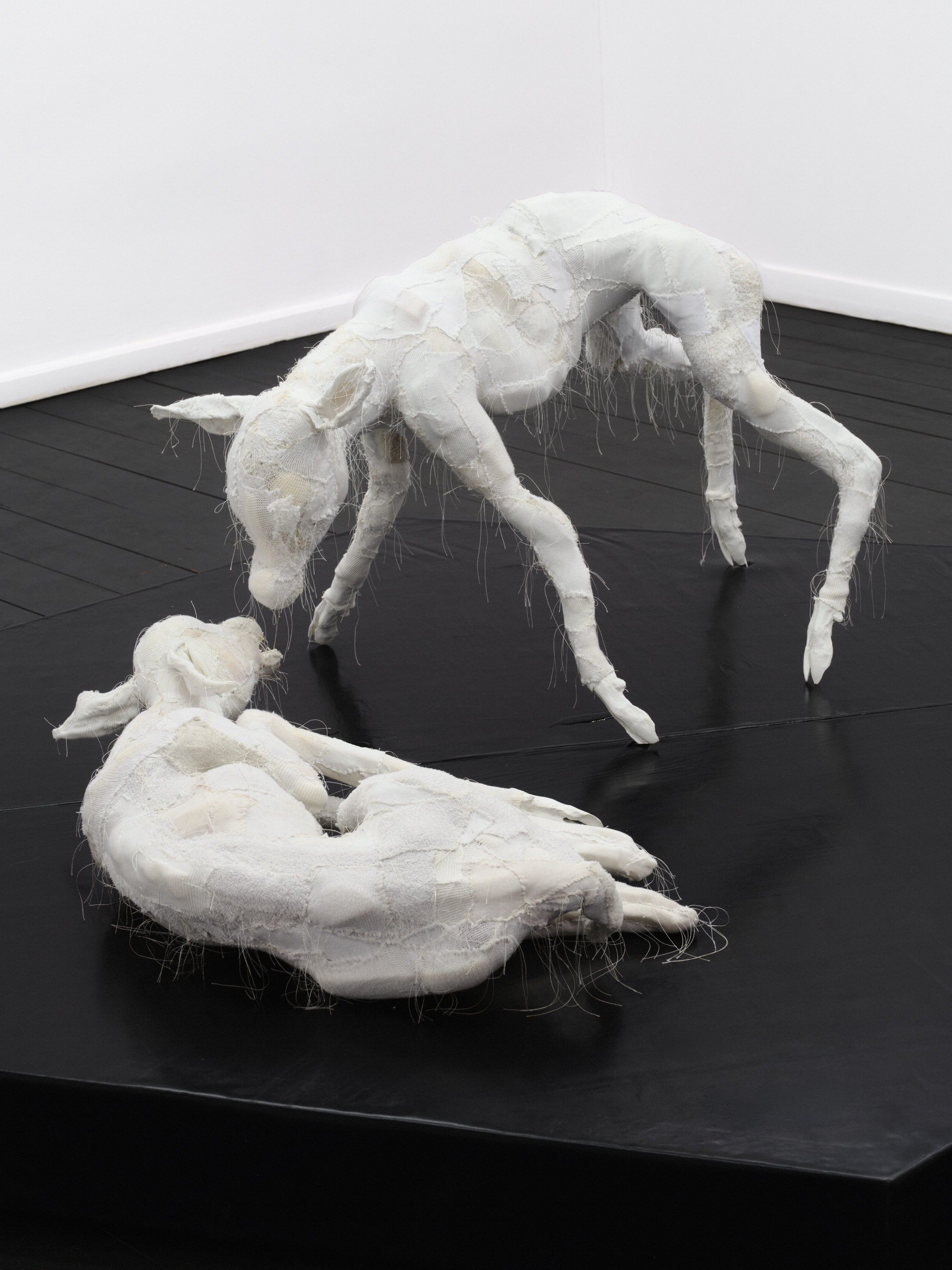 Within And For Each Other (2026). Steel, PVC Tubes, Upholstery Foam, Cotton, Acrylic, Polyester, Polyester Thread, Epoxy Resin, Synthetic Saliva. 29 x 84 x 57 cm & 69 x 57 x 95 cm. Technical Support: Klara Woźniak.