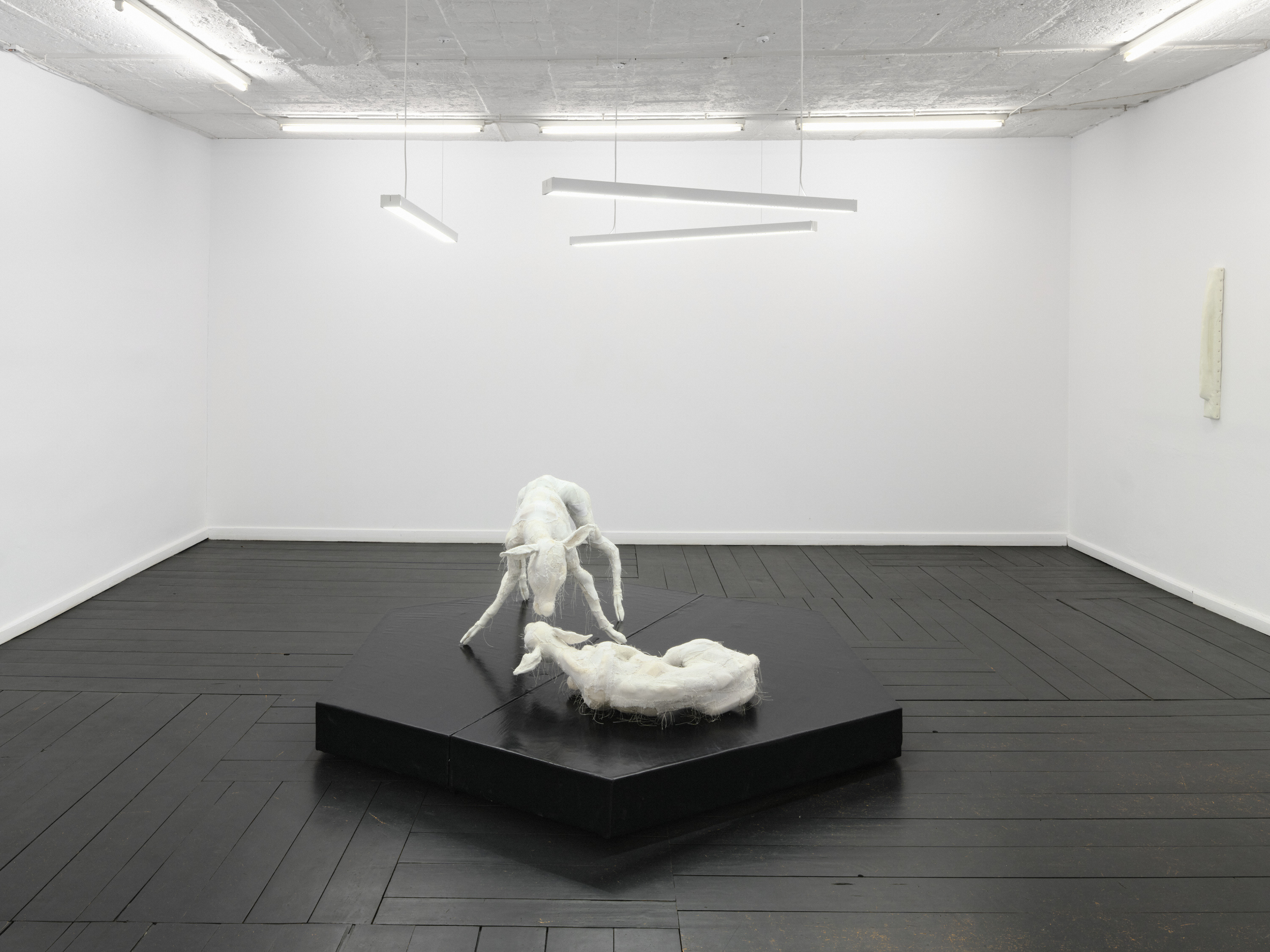 Within And For Each Other (2026). Steel, PVC Tubes, Upholstery Foam, Cotton, Acrylic, Polyester, Polyester Thread, Epoxy Resin, Synthetic Saliva. 29 x 84 x 57 cm & 69 x 57 x 95 cm. Technical Support: Klara Woźniak.