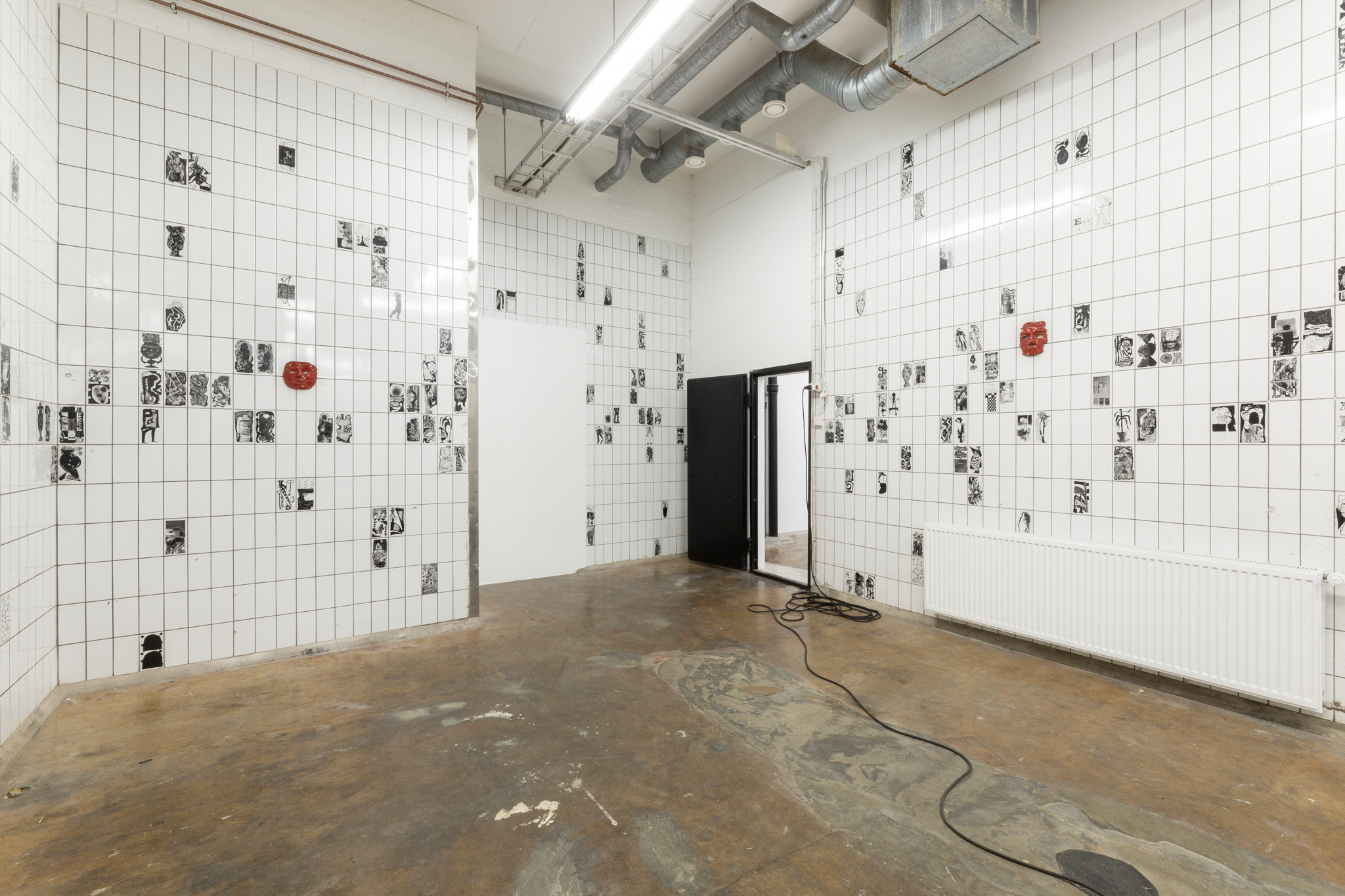 Jaakko Pallasvuo: Eternal Return, 2026, installation, dimension variable, bespoke paint software, 350 digital images reproduced as transparent stickers, three ceramic masks, red glaze