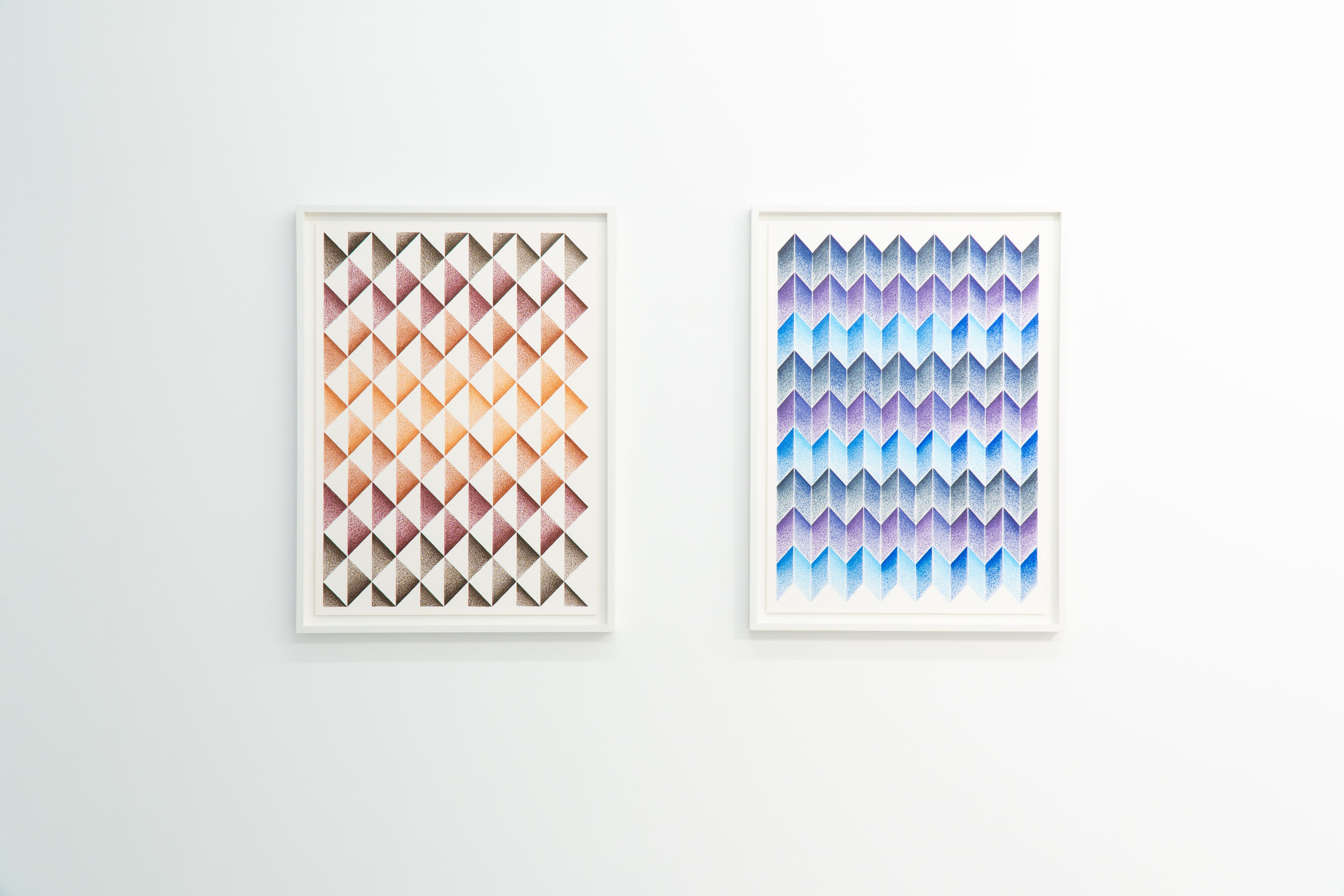 Ignacio Uriarte, Triangle Progression Grid, 97.5 × 70 cm, pigmented ink on paper, 2026 and Zigzag Waves, 97.5 × 70 cm, pigmented ink on paper, 2026