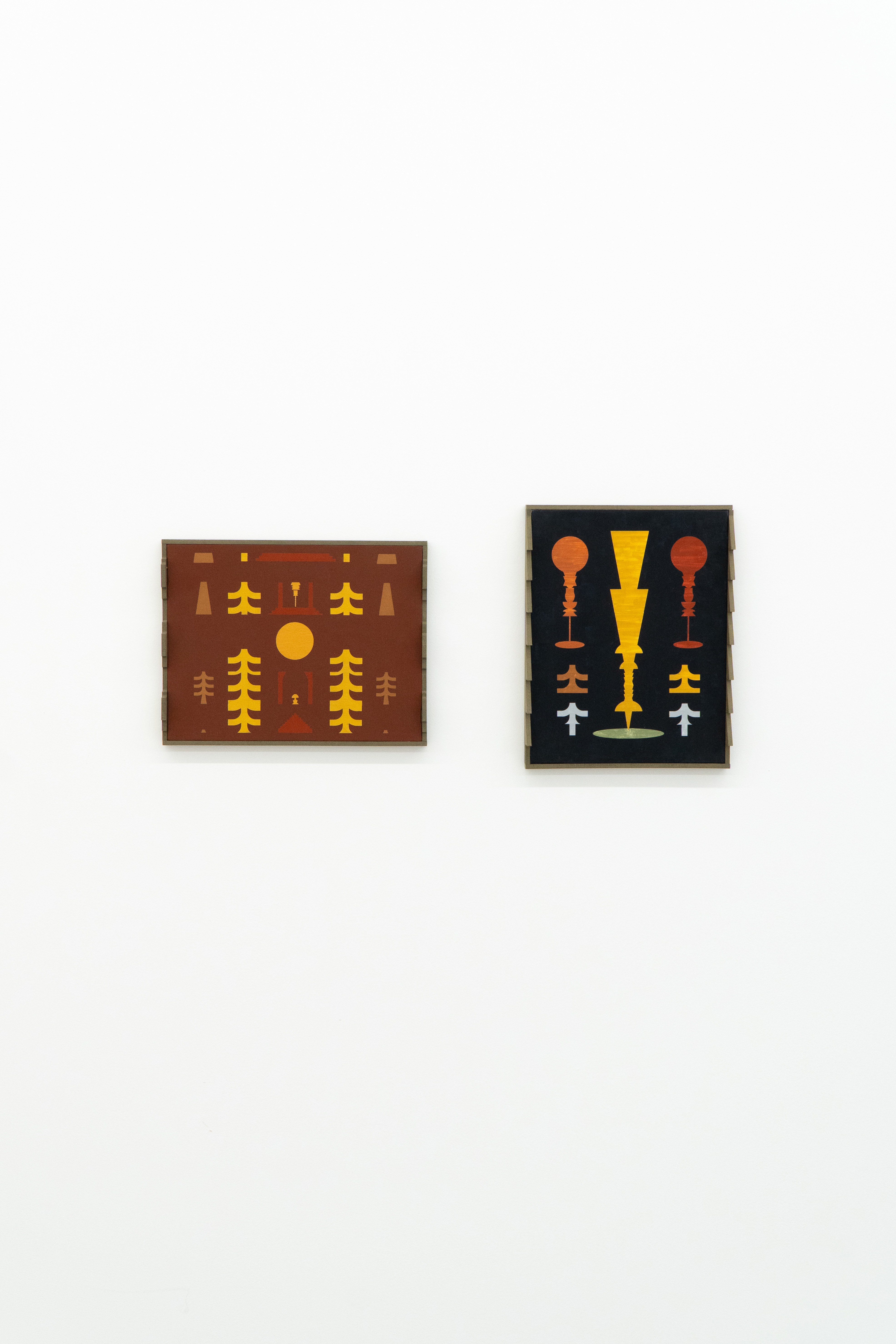 Raúl Díaz Reyes, Living in the woods (burnt sienna), 28 × 36 cm, acrylic on canvas, 2023 and Dapple and Dapple, 36 × 28 cm, acrylic on canvas, 2024