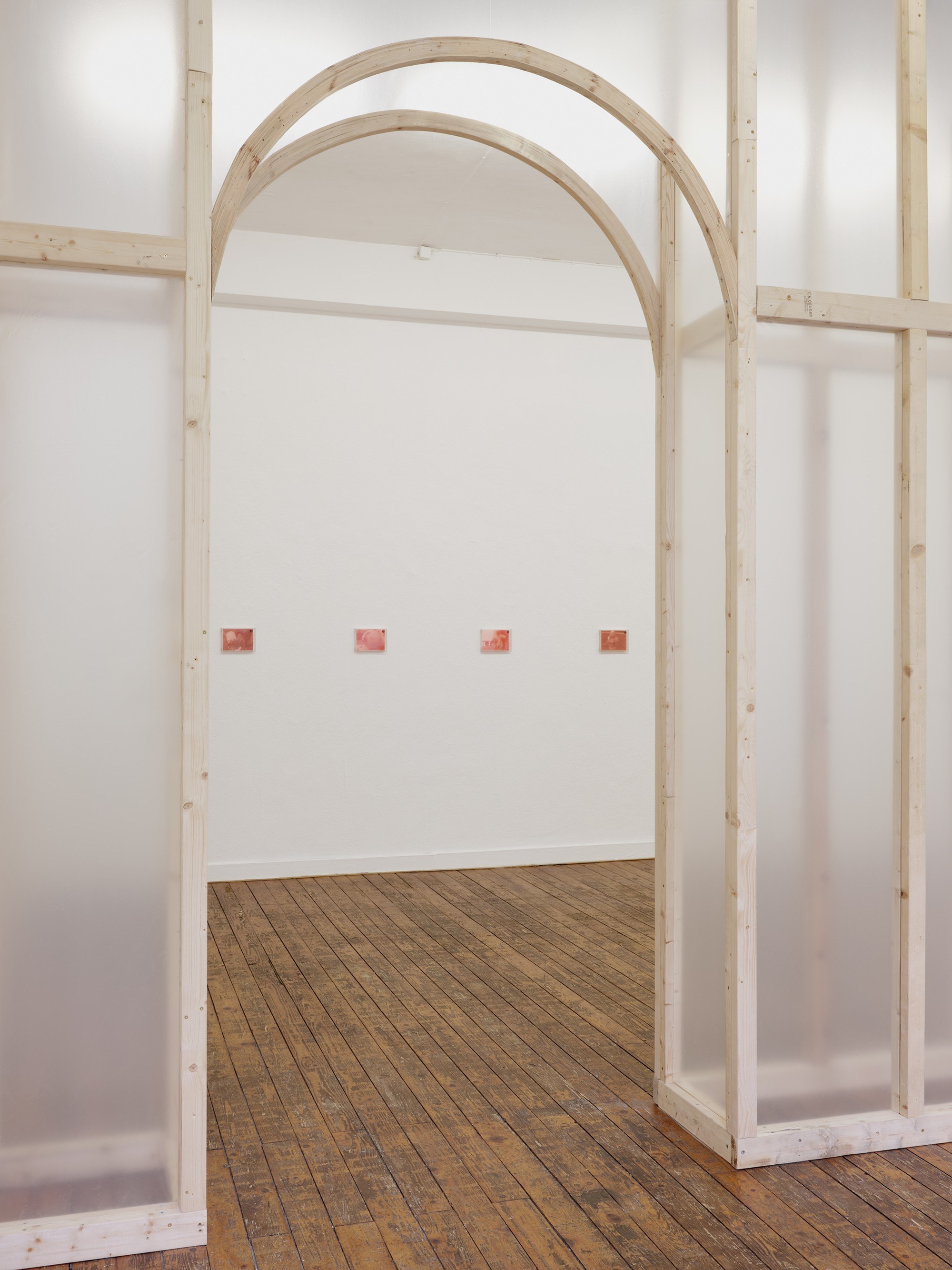 Billie Clarken & Yoel Pytowski, Installation view with Yoel Pytowski, Skins, 2026, wood and plastic foils, variable dimensions © The artists Photo: Juri Löchte