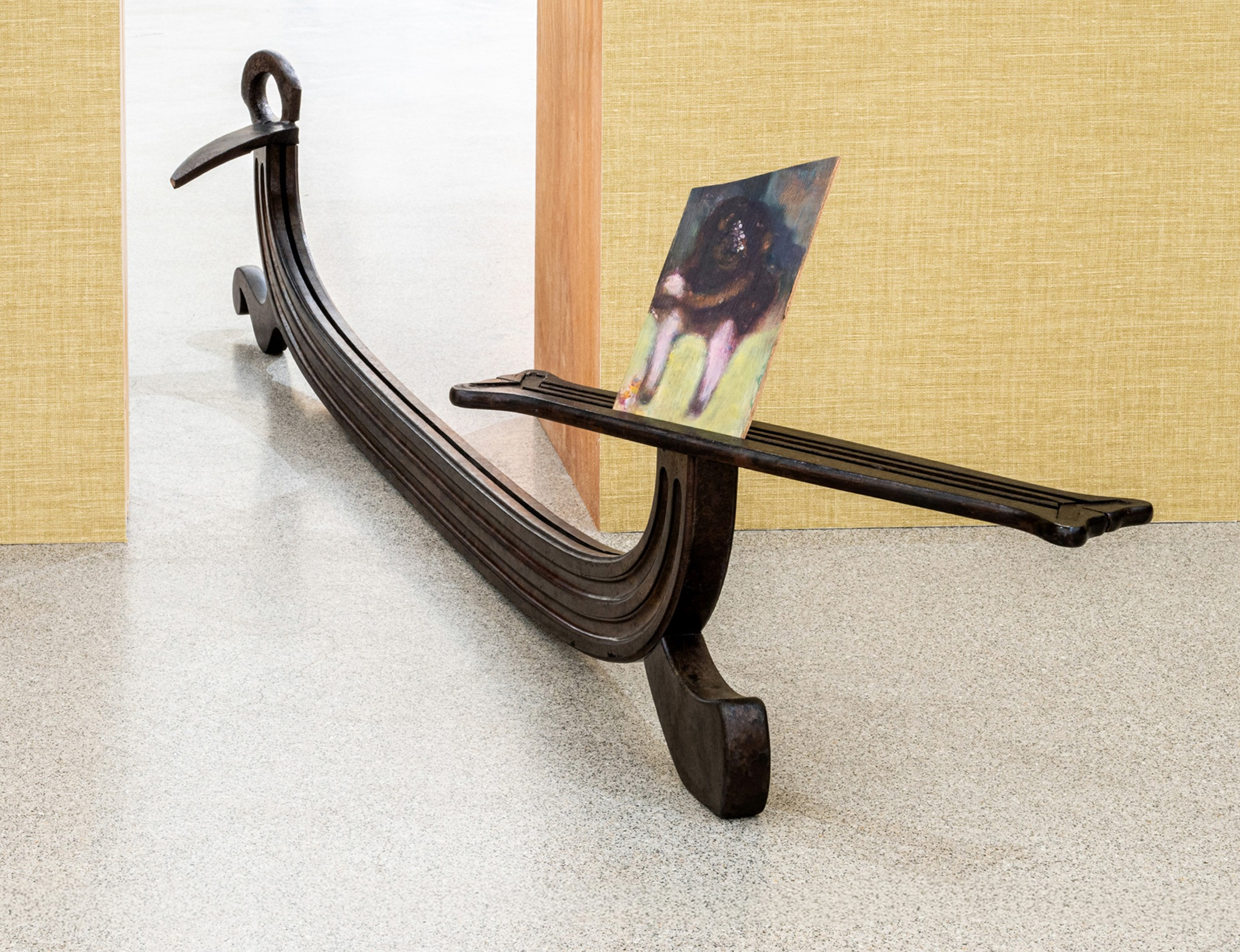 Jessy Razafimandimby, Nostalgos 1, 2026, wood, acrylic on wood, 25 x 164 x 40 cm, unique
