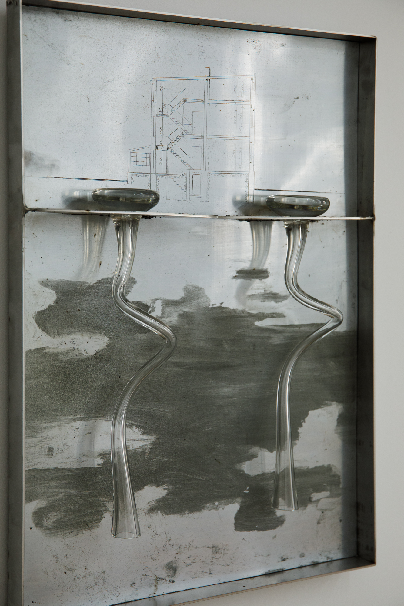Magdalena Lazar, “My Nightmares Are Transparent, Opening onto Prehistory”, 2026, metal, glass, 50 x 70 x 8 cm, photo: bliss gallery