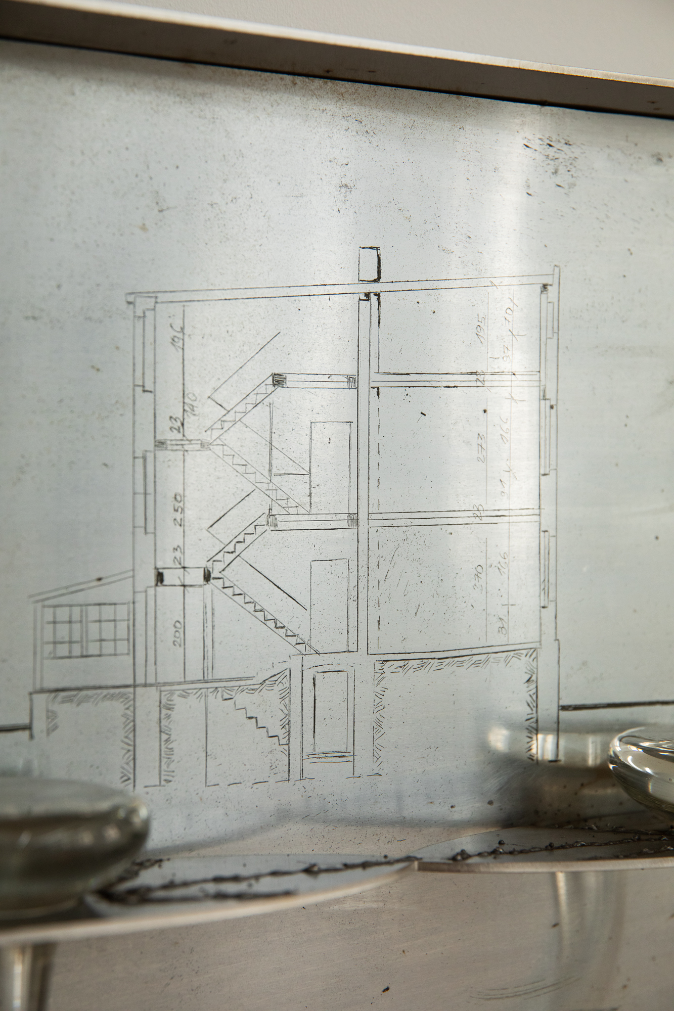 Magdalena Lazar, “My Nightmares Are Transparent, Opening onto Prehistory”, 2026, metal, glass, 50 x 70 x 8 cm, detail, photo: bliss gallery