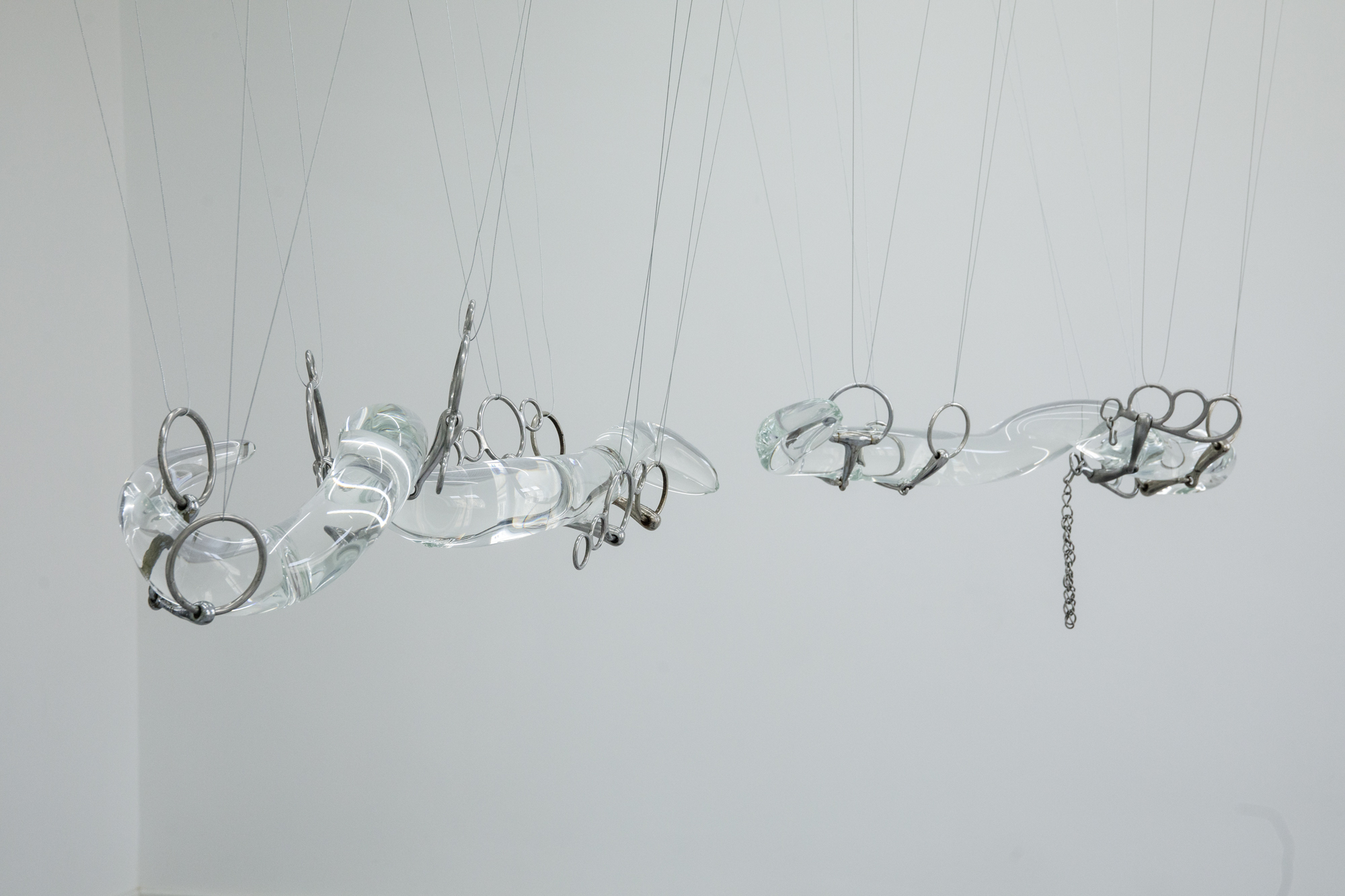 Magdalena Lazar, “Tongues in Decline”, 2026, glass, metal, horse bits, dimensions variable (largest element: 88 x 33 x 15 cm), detail, photo: bliss gallery