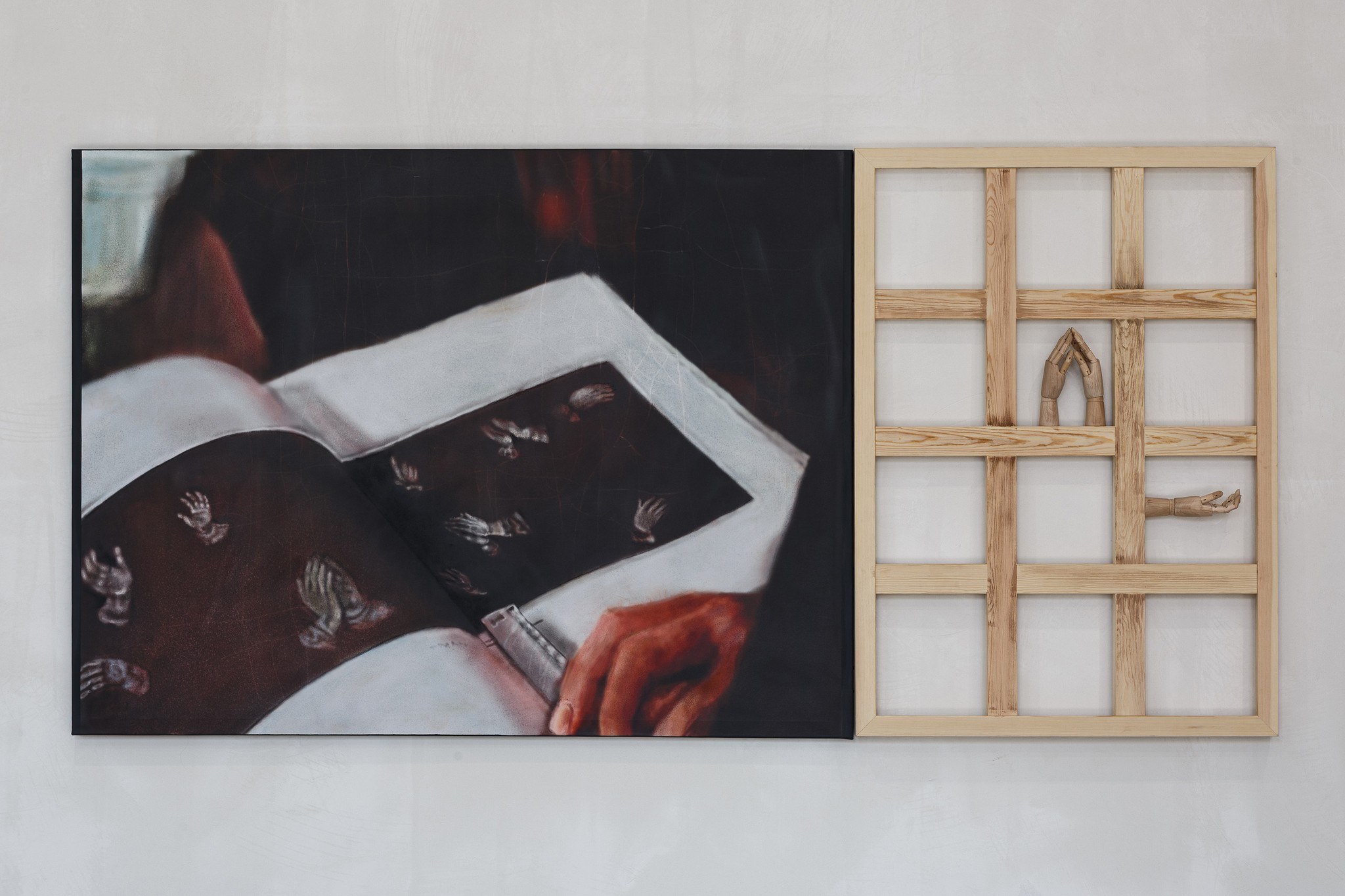 Sasha Lemish, ‘woven hands’, 2025, digital painting, print on canvas, pastel, wood, 210 x 150 x 7 cm
