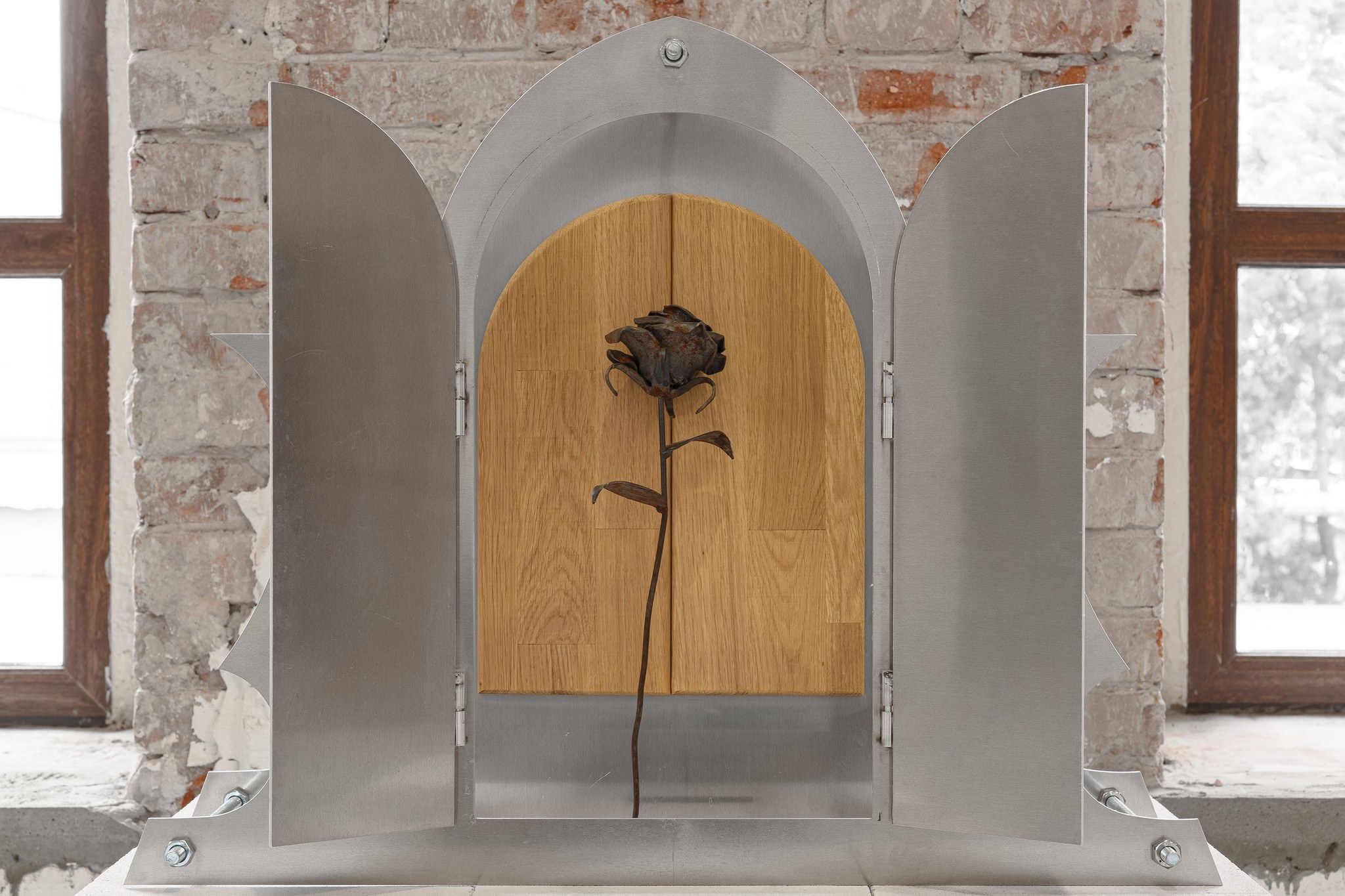 Misha Gudwin, ‘Tabernacle’, 2024, aluminium, wood, forged rose found at Mutabor, 70 x 30 x 55 cm