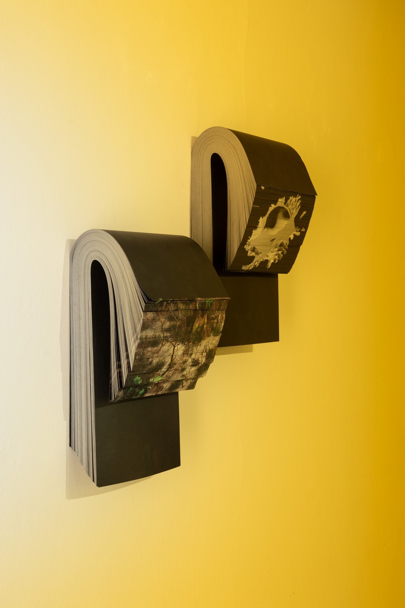 Hynek Alt, Untitled (Garden), 2026, CMYK offset stack, cutoff, approx. 21 × 40 × 15 cm; Untitled (Seashell), 2026, BW offset stack, cutoff, approx. 21 × 40 × 15 cm. Photo: Hynek Alt