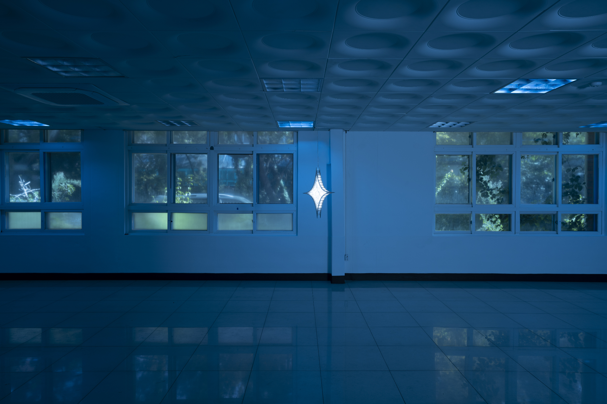 We Were Trembling as If in Cold Water, 2026, two-channel sound installation; fabric, stainless steel, PVC, LED, hose, water pump and air circulation system, dimensions variable. Commissioned by Busan Biennale Organizing Committee, 2026.