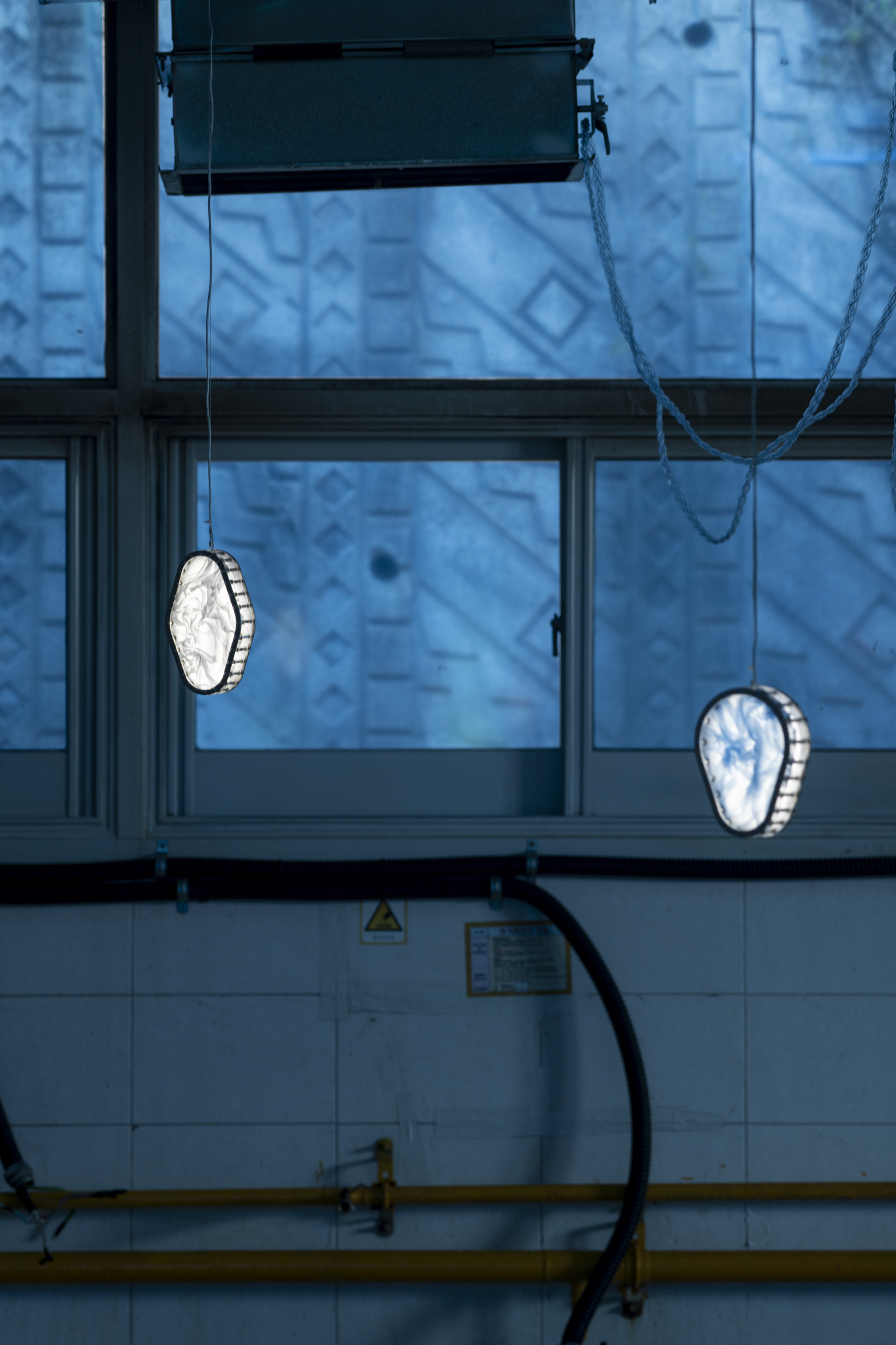 We Were Trembling as If in Cold Water, 2026, two-channel sound installation; fabric, stainless steel, PVC, LED, hose, water pump and air circulation system, dimensions variable. Commissioned by Busan Biennale Organizing Committee, 2026.