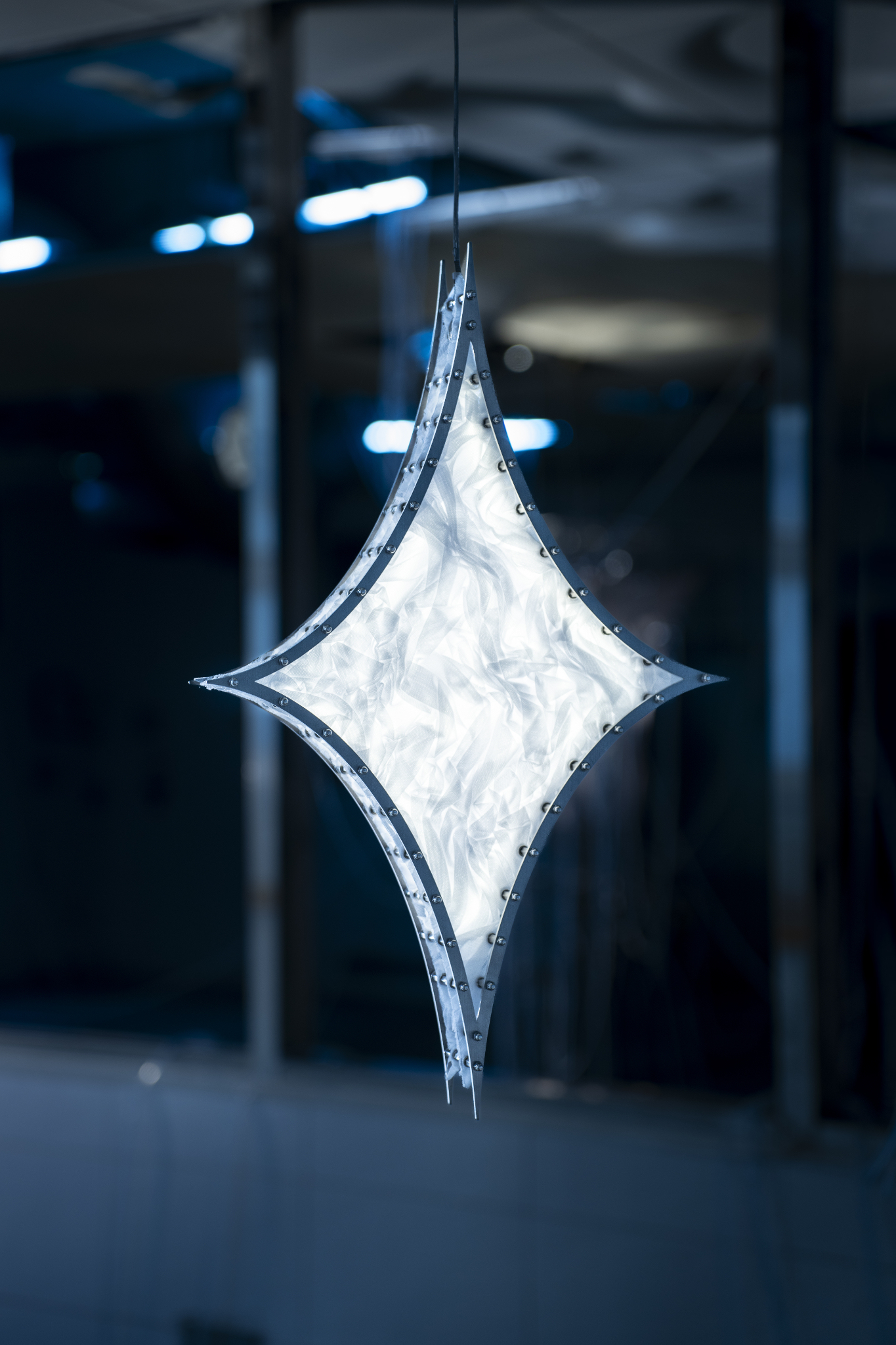 We Were Trembling as If in Cold Water, 2026, two-channel sound installation; fabric, stainless steel, PVC, LED, hose, water pump and air circulation system, dimensions variable. Commissioned by Busan Biennale Organizing Committee, 2026.