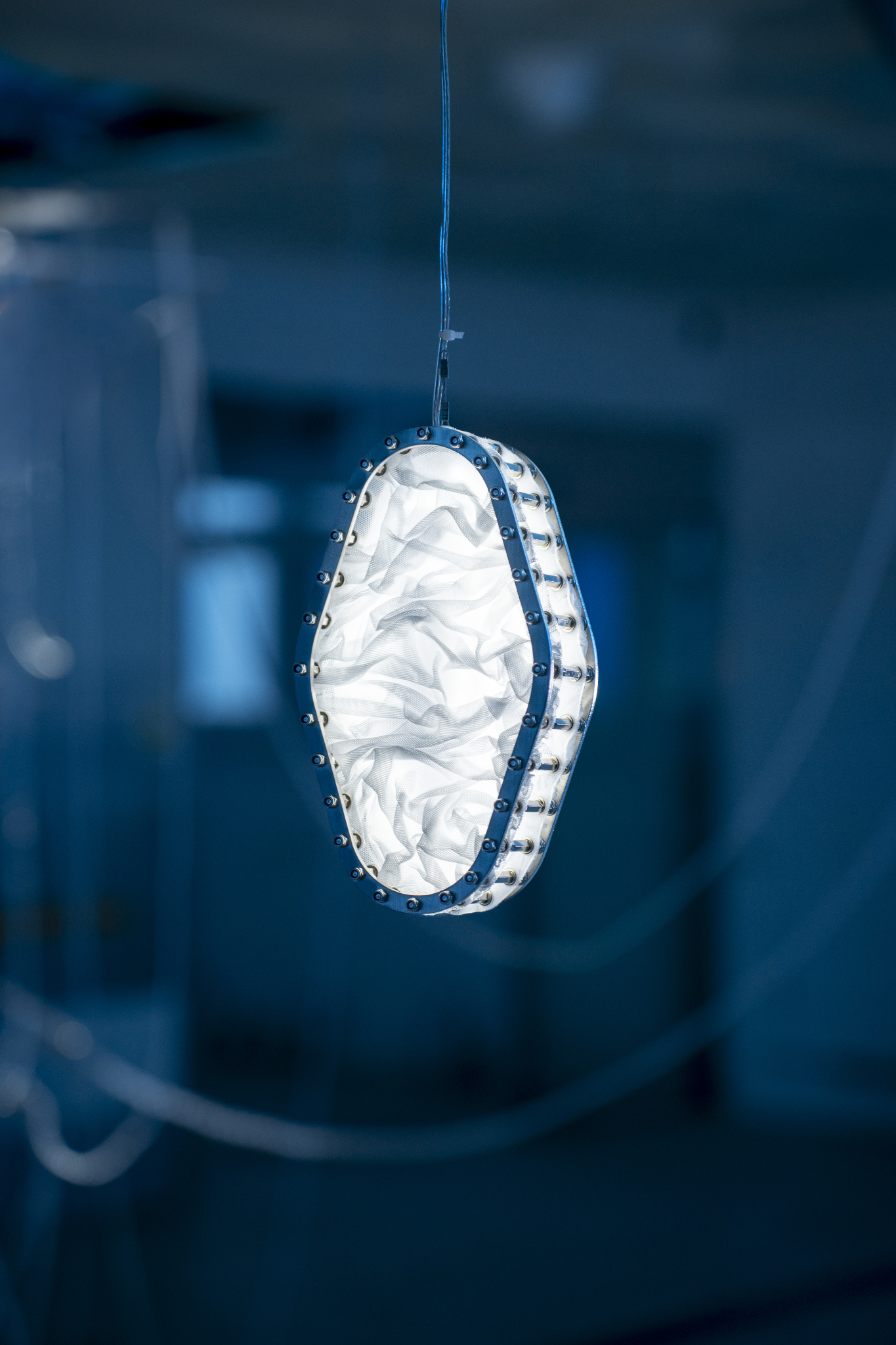 We Were Trembling as If in Cold Water, 2026, two-channel sound installation; fabric, stainless steel, PVC, LED, hose, water pump and air circulation system, dimensions variable. Commissioned by Busan Biennale Organizing Committee, 2026.
