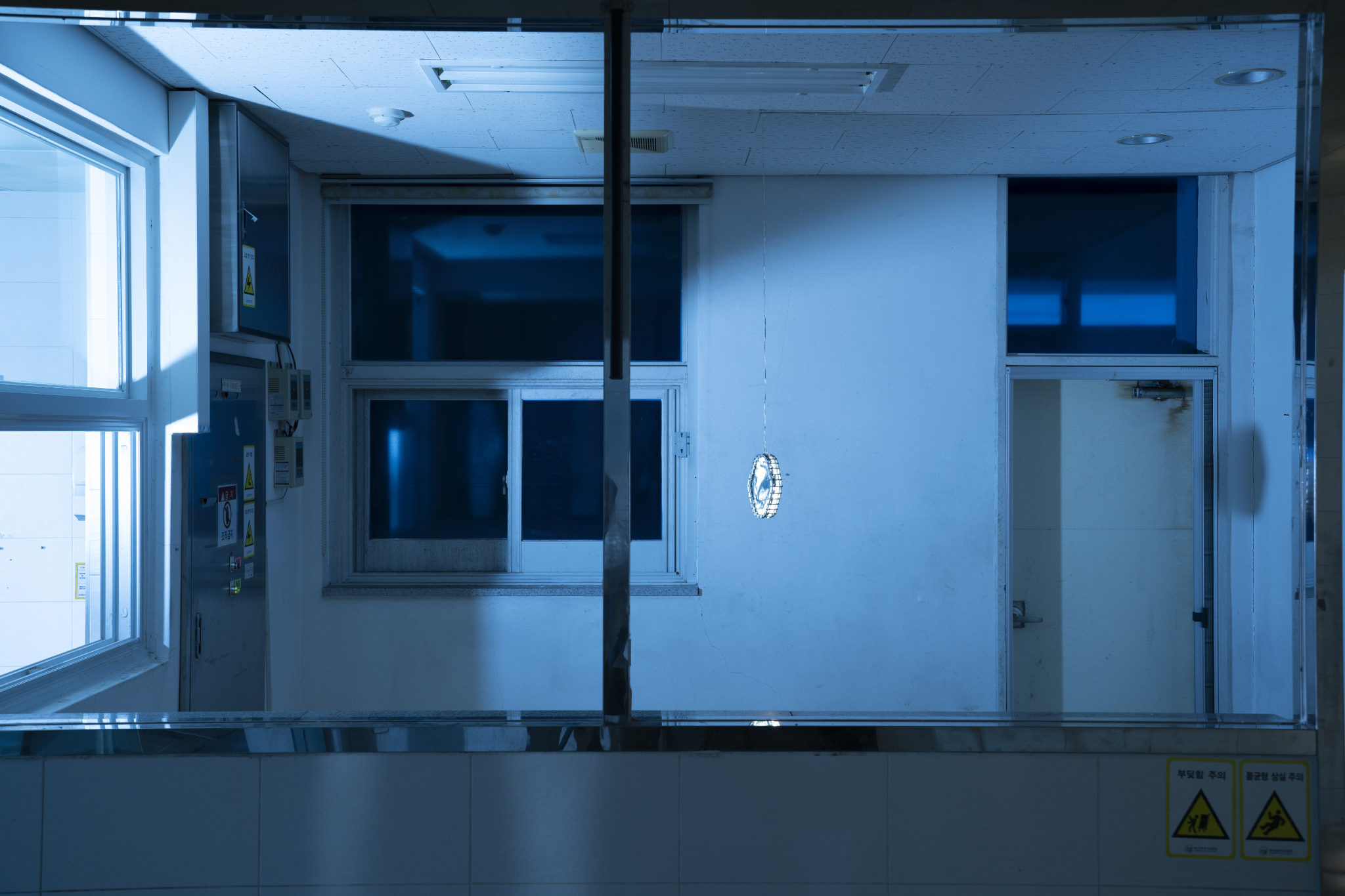 We Were Trembling as If in Cold Water, 2026, two-channel sound installation; fabric, stainless steel, PVC, LED, hose, water pump and air circulation system, dimensions variable. Commissioned by Busan Biennale Organizing Committee, 2026.
