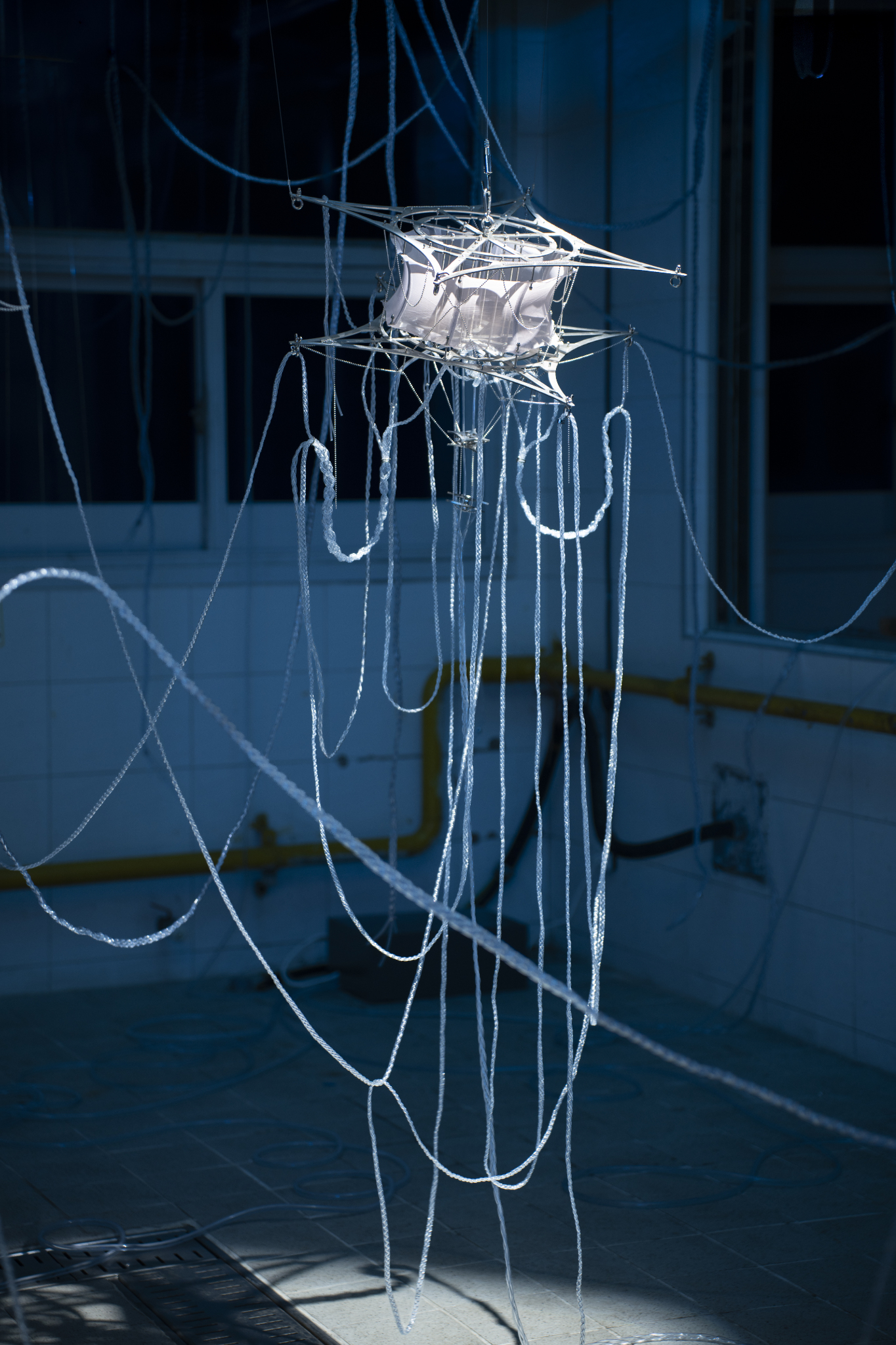 We Were Trembling as If in Cold Water, 2026, two-channel sound installation; fabric, stainless steel, PVC, LED, hose, water pump and air circulation system, dimensions variable. Commissioned by Busan Biennale Organizing Committee, 2026.